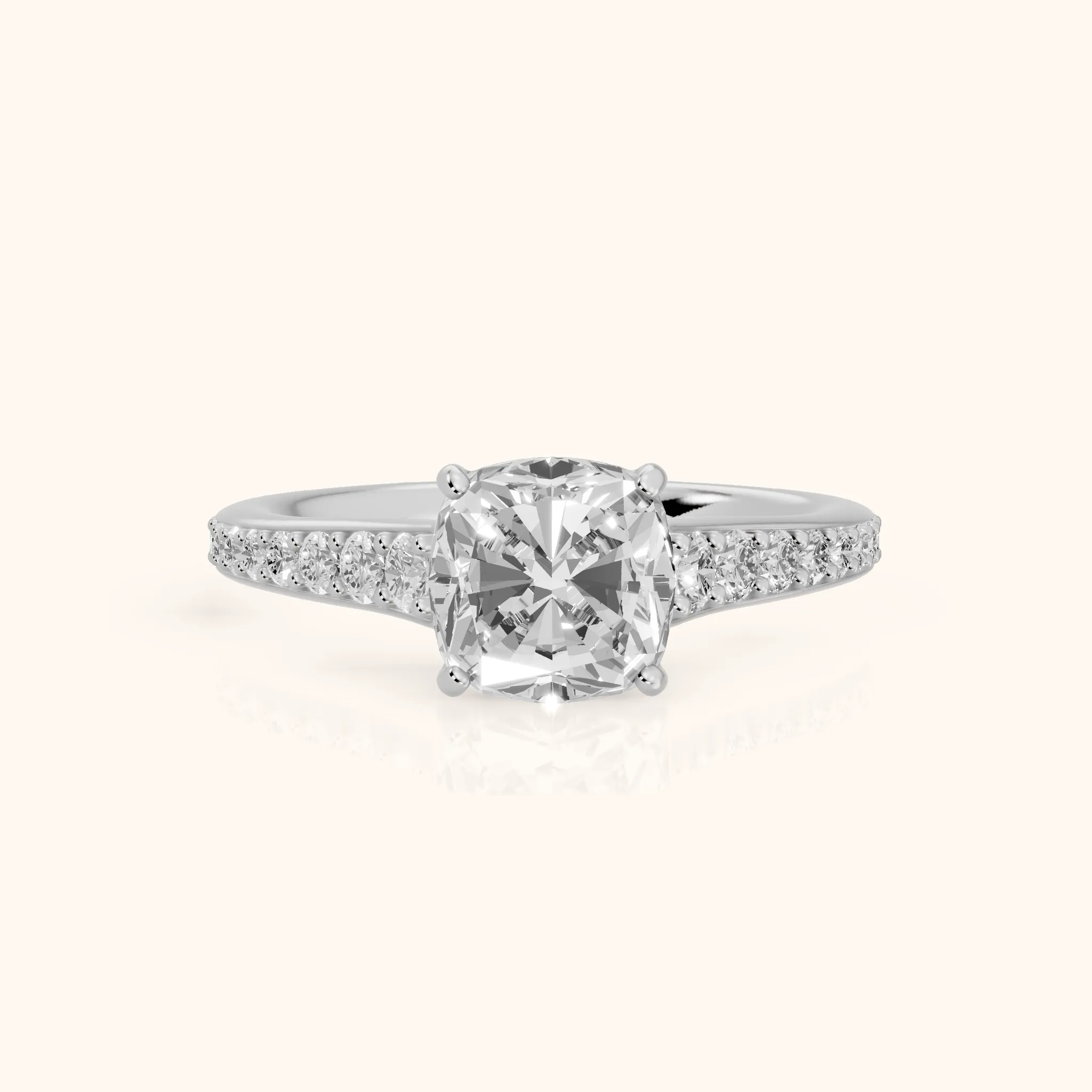Linda Graduated Pavé Cushion Diamond Engagement Ring in Platinum — view 1