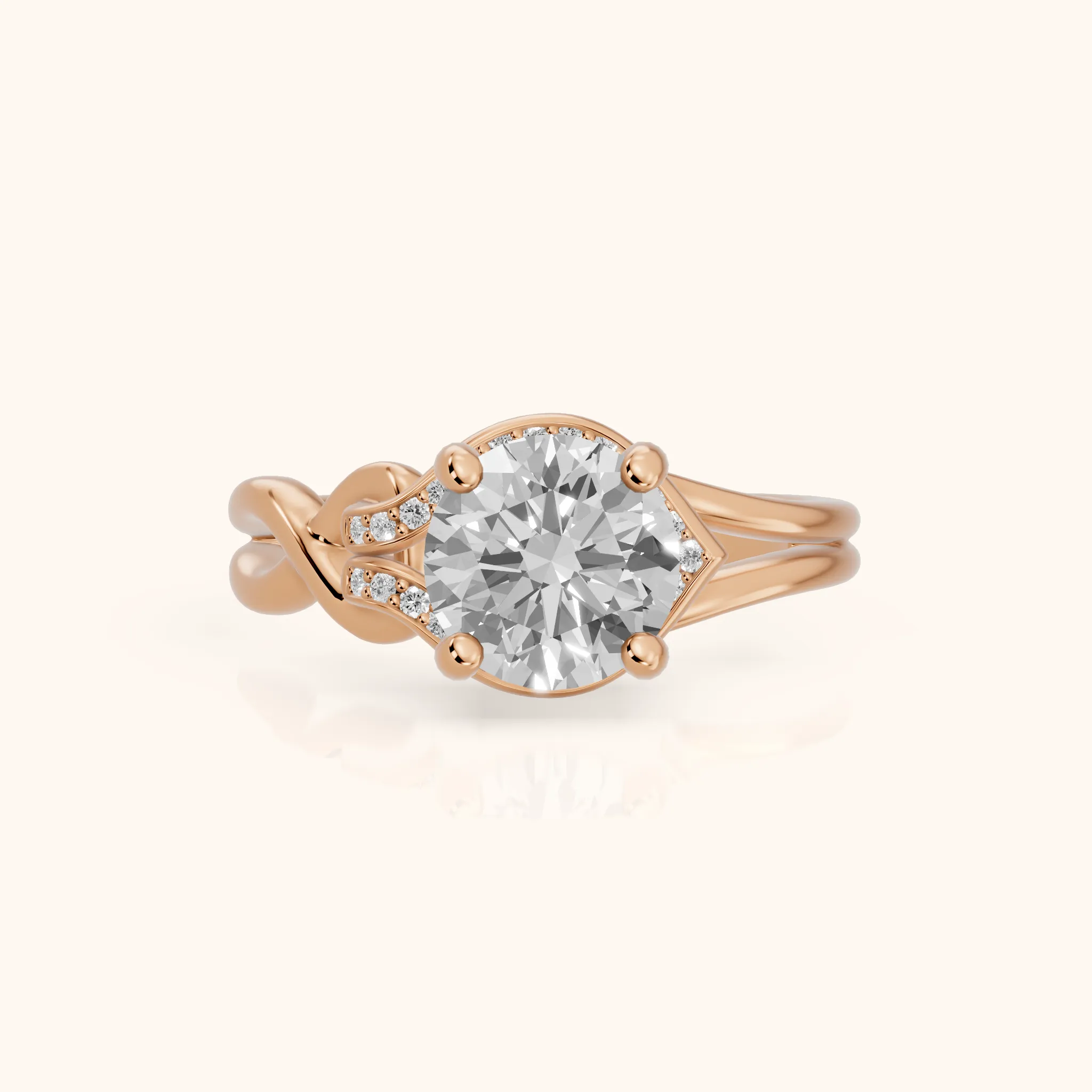 Lizzie Twist Split Shank Round Diamond Engagement Ring in Rose Gold — view 1