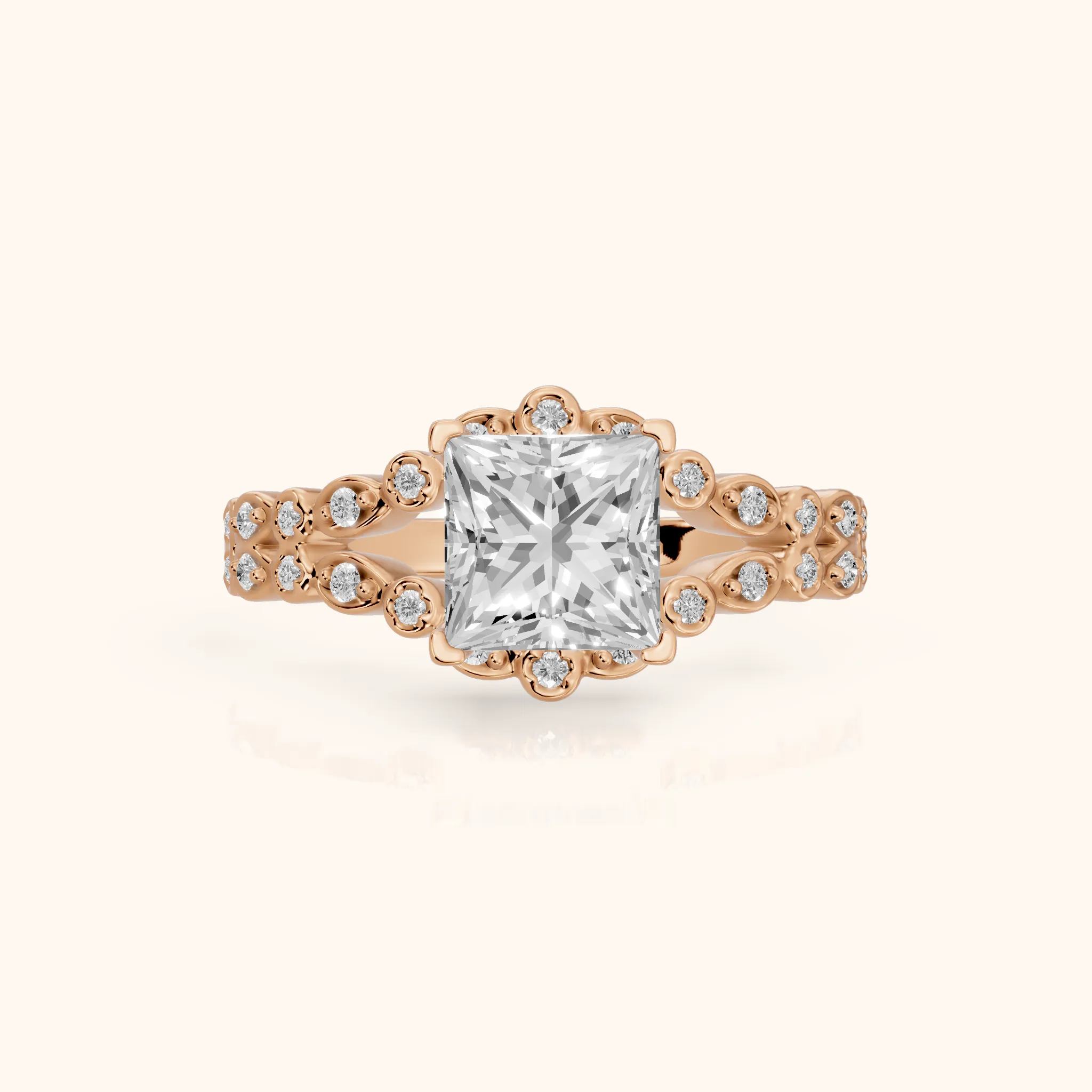 Maddie Vintage Split Shank Princess Diamond Engagement Ring in Rose Gold — view 1
