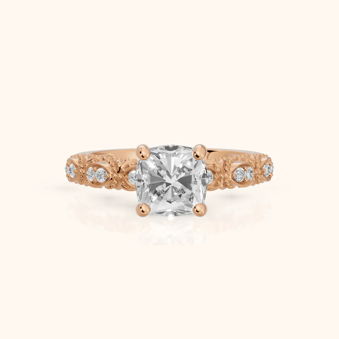 Mae Vintage Filigree Cushion Diamond Engagement Ring in Rose Gold — view 2