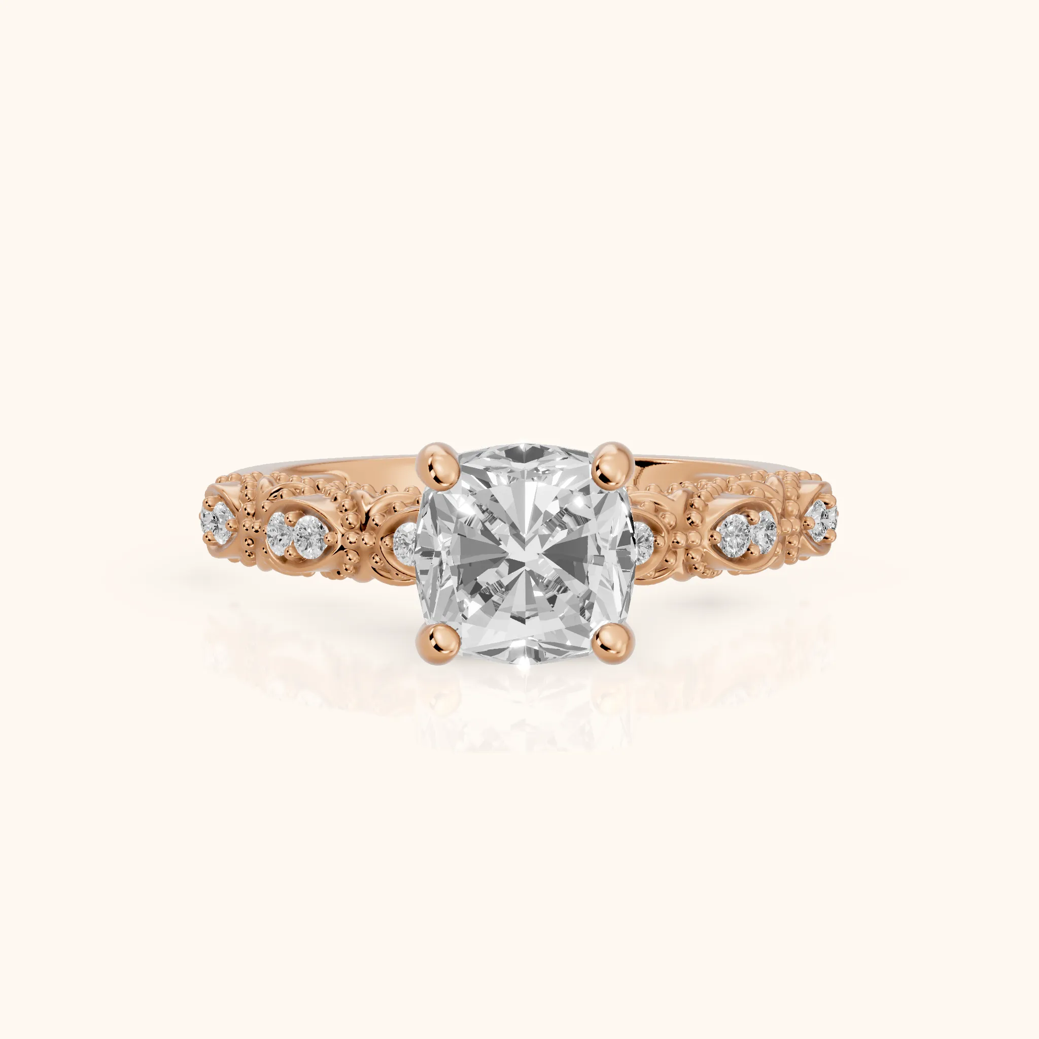 Mae Vintage Filigree Cushion Diamond Engagement Ring in Rose Gold — view 1