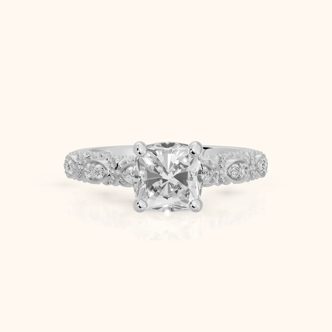 Mae Vintage Filigree Cushion Diamond Engagement Ring in Silver — view 2