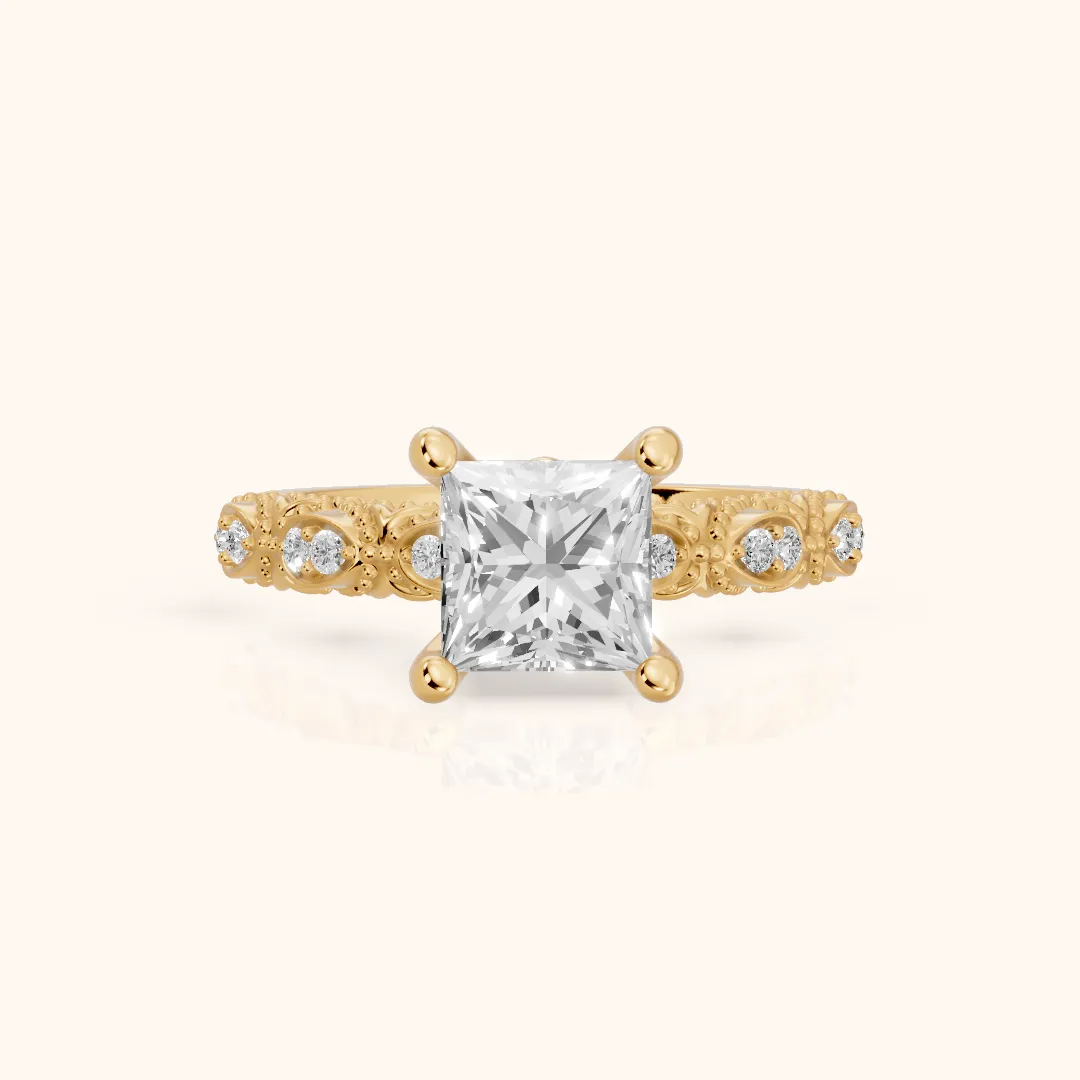 Mae Vintage Filigree Princess Diamond Engagement Ring in Yellow Gold — view 2