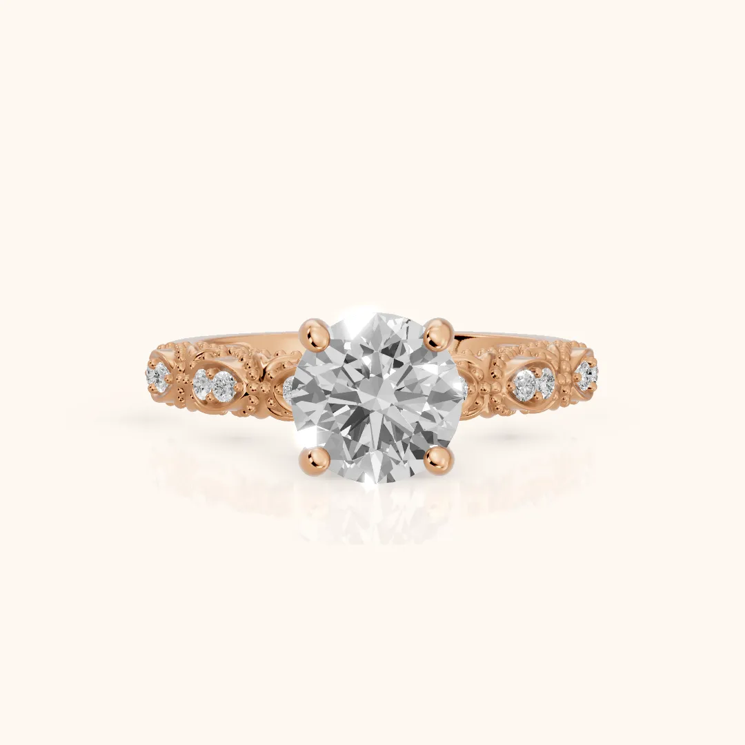 Mae Vintage Filigree Round Diamond Engagement Ring in Rose Gold — view 2
