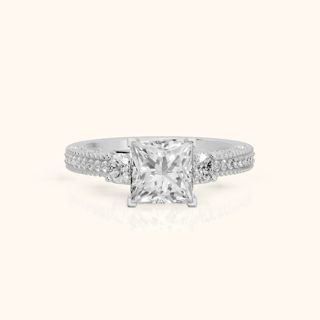 Mandy Milgrain Three-Stone Princess Diamond Engagement Ring in Silver — view 2