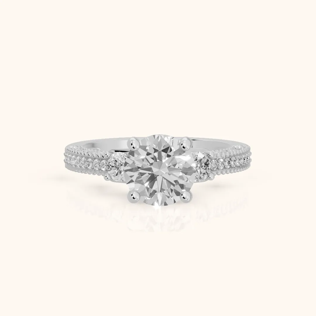 Mandy Milgrain Three-Stone Round Diamond Engagement Ring in Silver — view 2