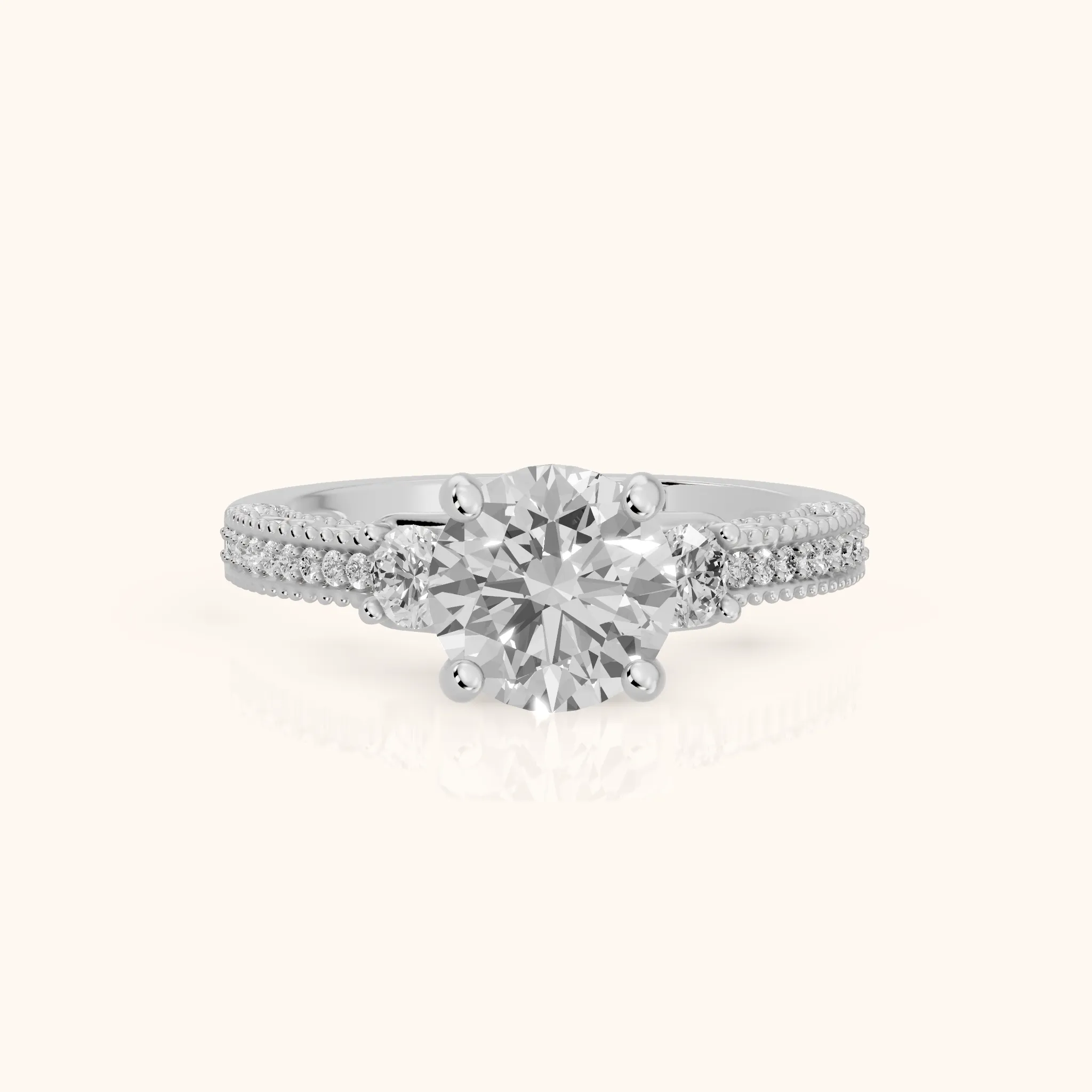 Mandy Milgrain Three-Stone Round Diamond Engagement Ring in Silver — view 1