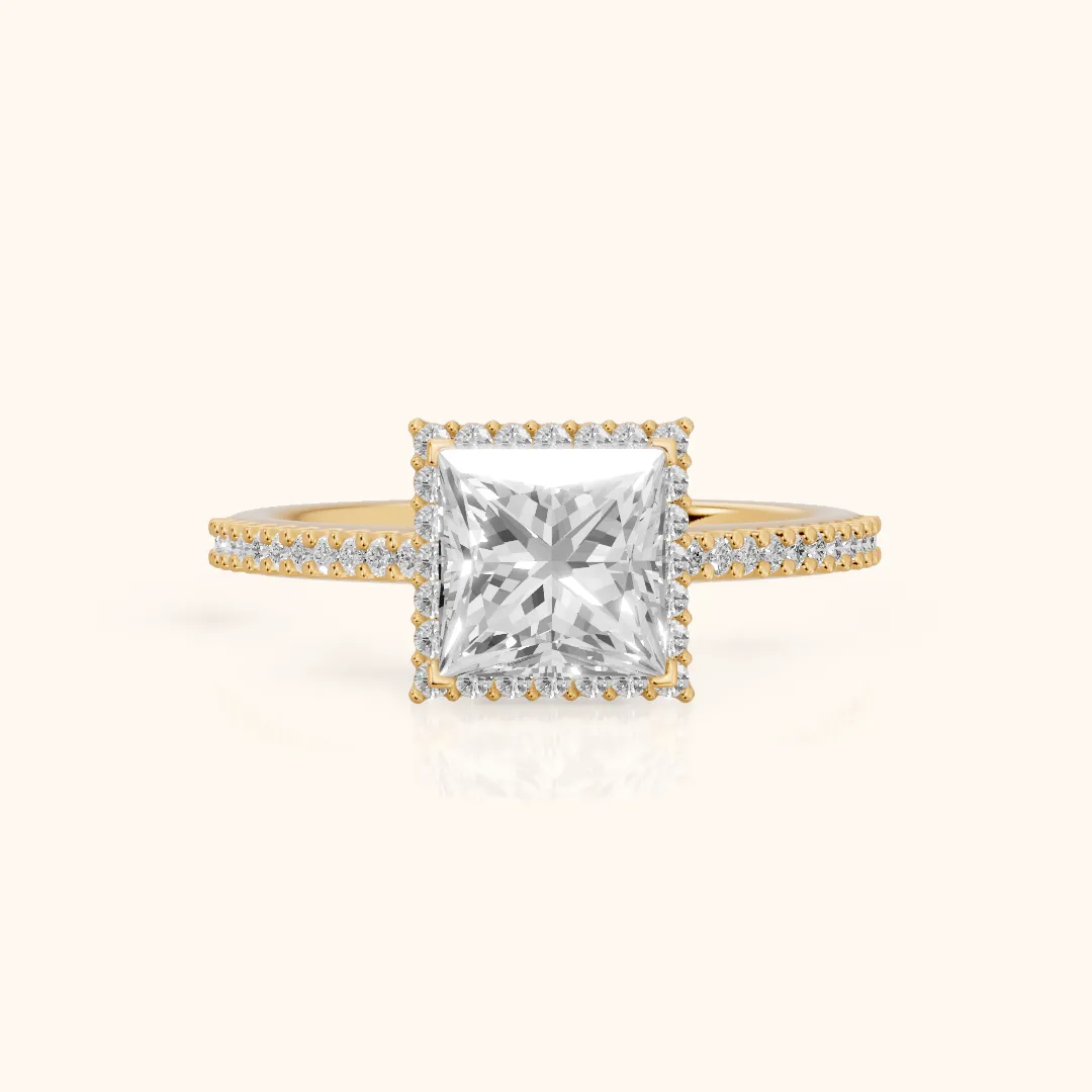 Marla Halo Micropavé Princess Diamond Engagement Ring in Yellow Gold — view 2
