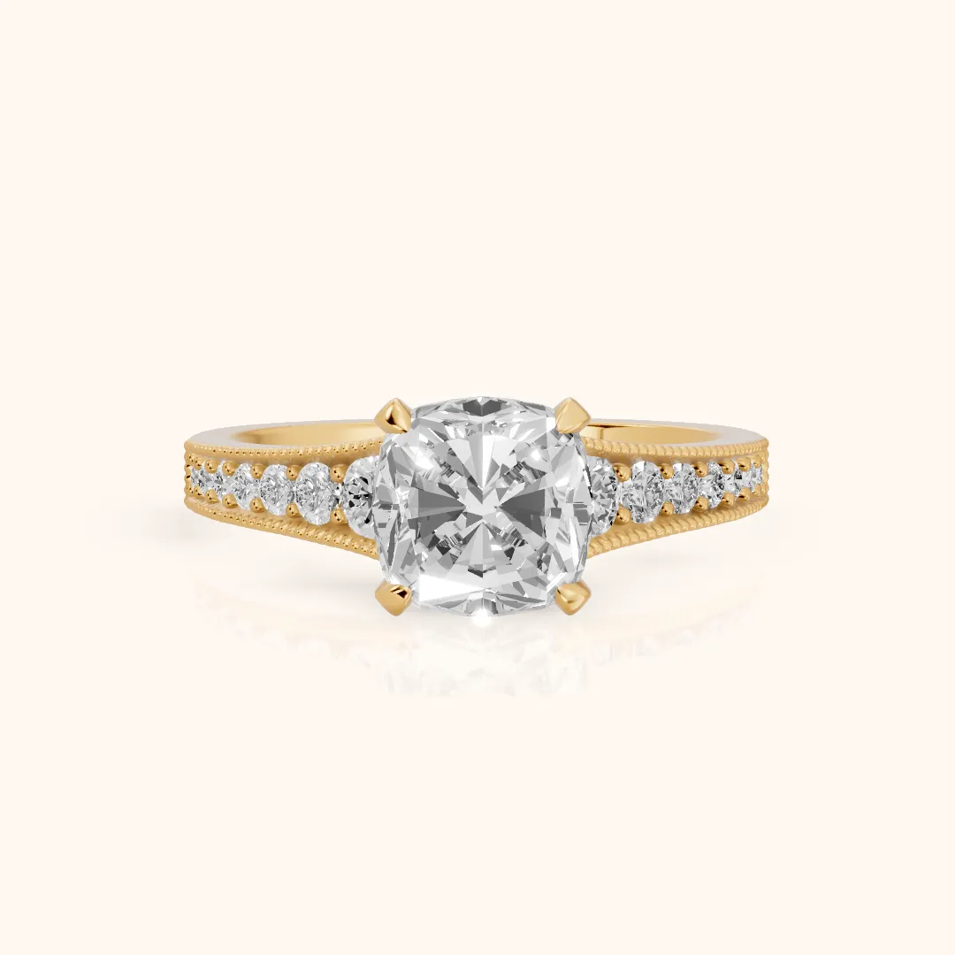 Mary Milgrain Pavé Cushion Diamond Engagement Ring in Yellow Gold — view 2