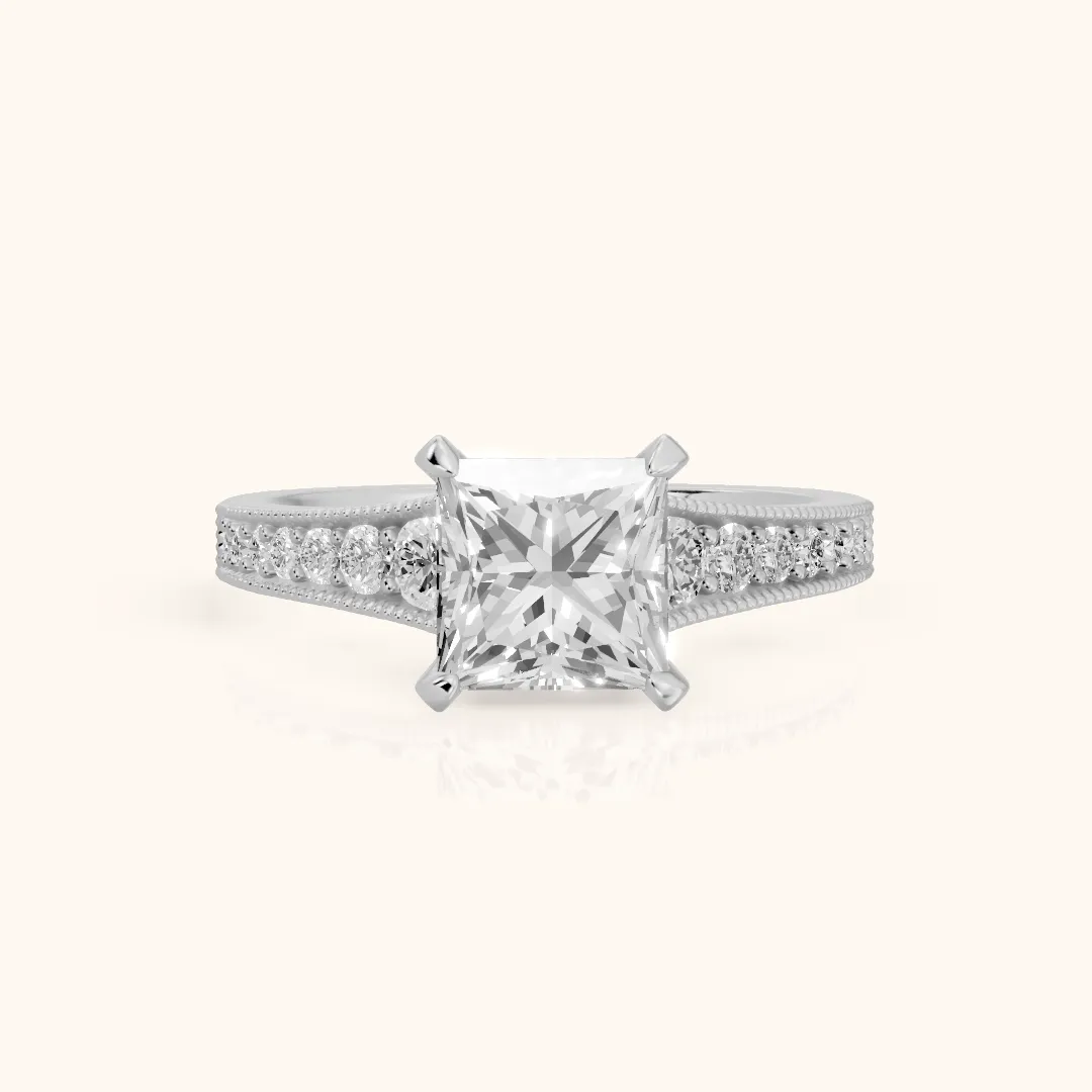 Mary Milgrain Pavé Princess Diamond Engagement Ring in Silver — view 2