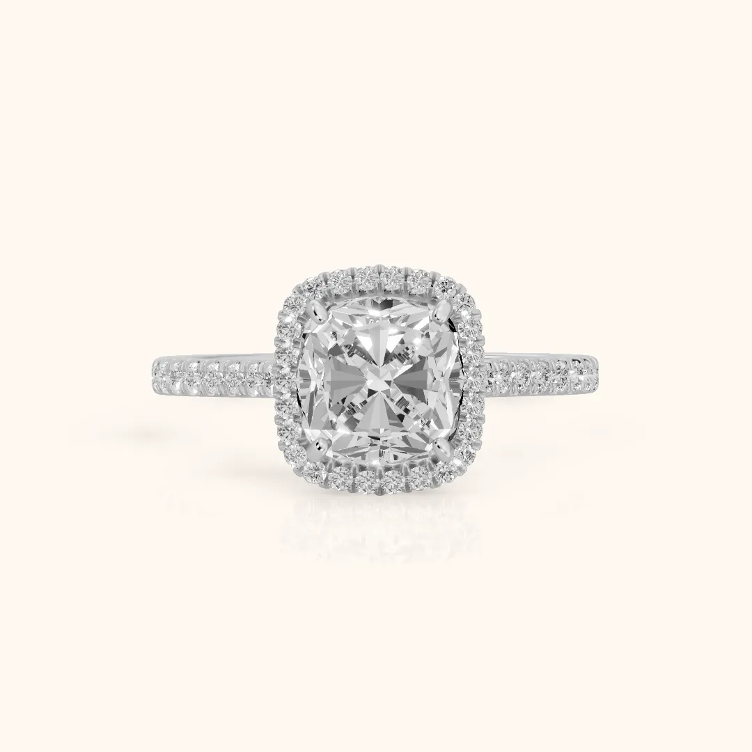 May Halo Pavé Cushion Diamond Engagement Ring in Platinum — view 2