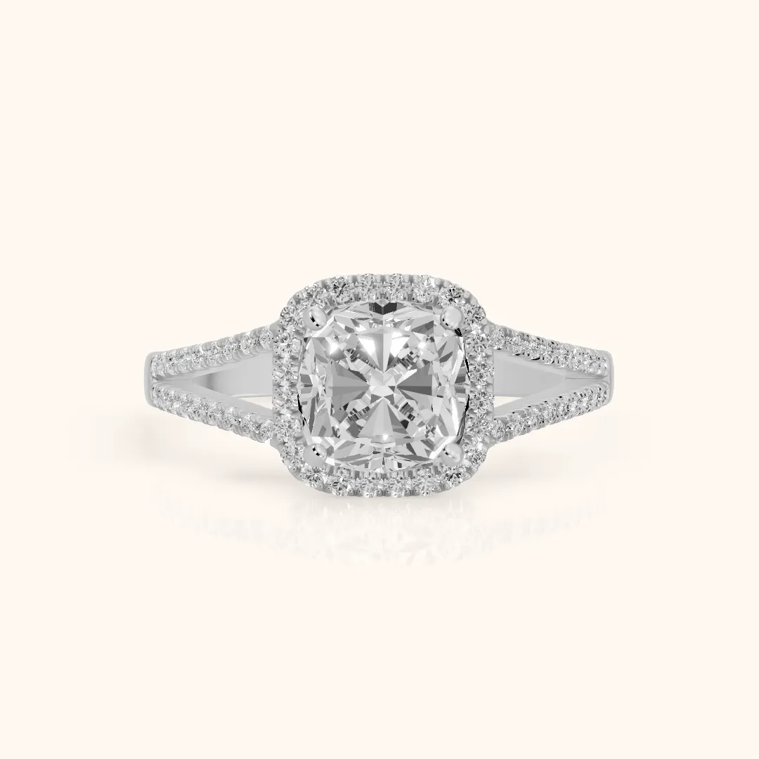 Nola Halo Split Shank Cushion Diamond Engagement Ring in White Gold — view 2