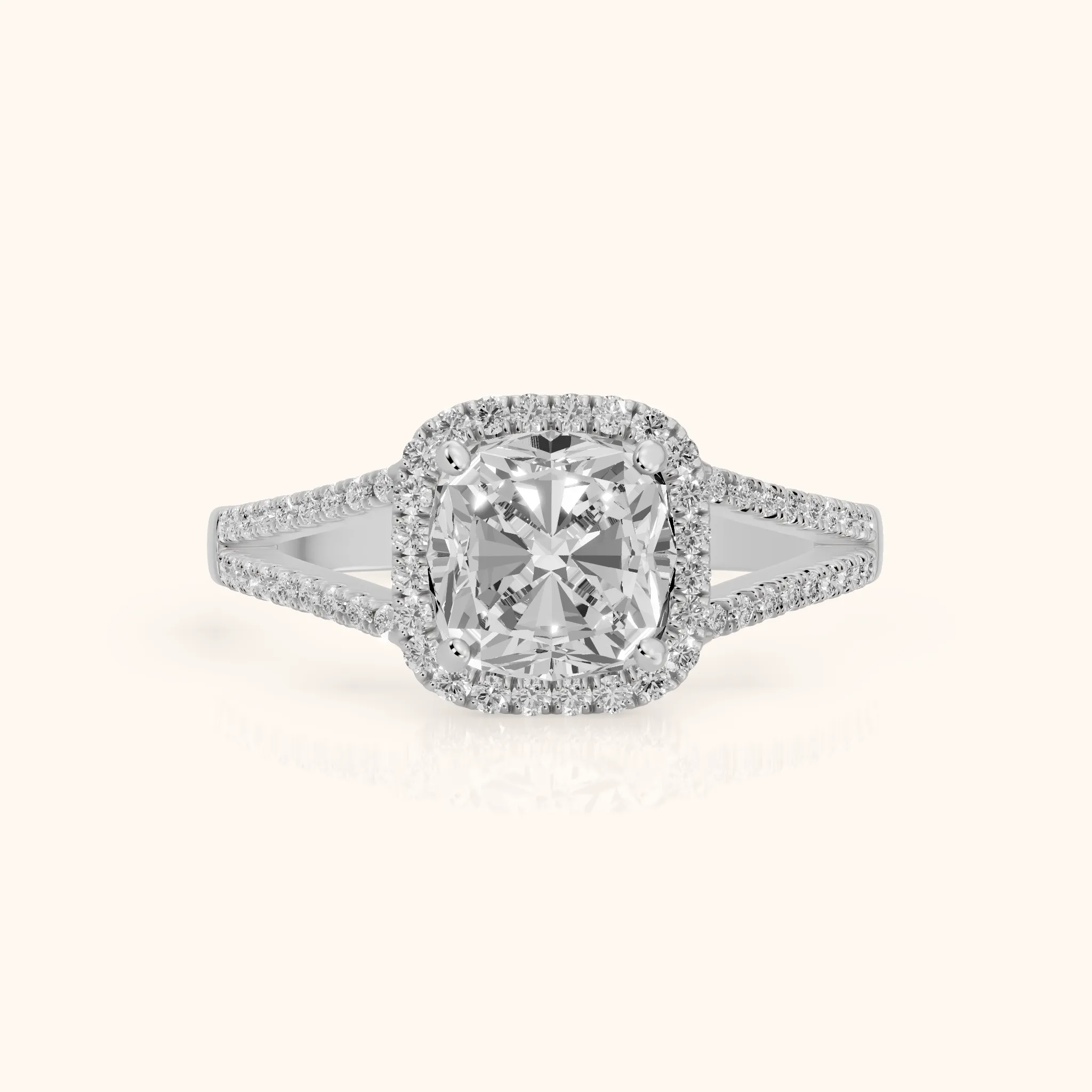 Nola Halo Split Shank Cushion Diamond Engagement Ring in White Gold — view 1