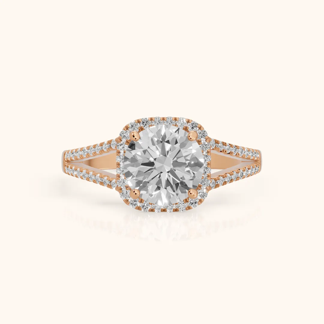 Nola Halo Split Shank Round Diamond Engagement Ring in Rose Gold — view 2