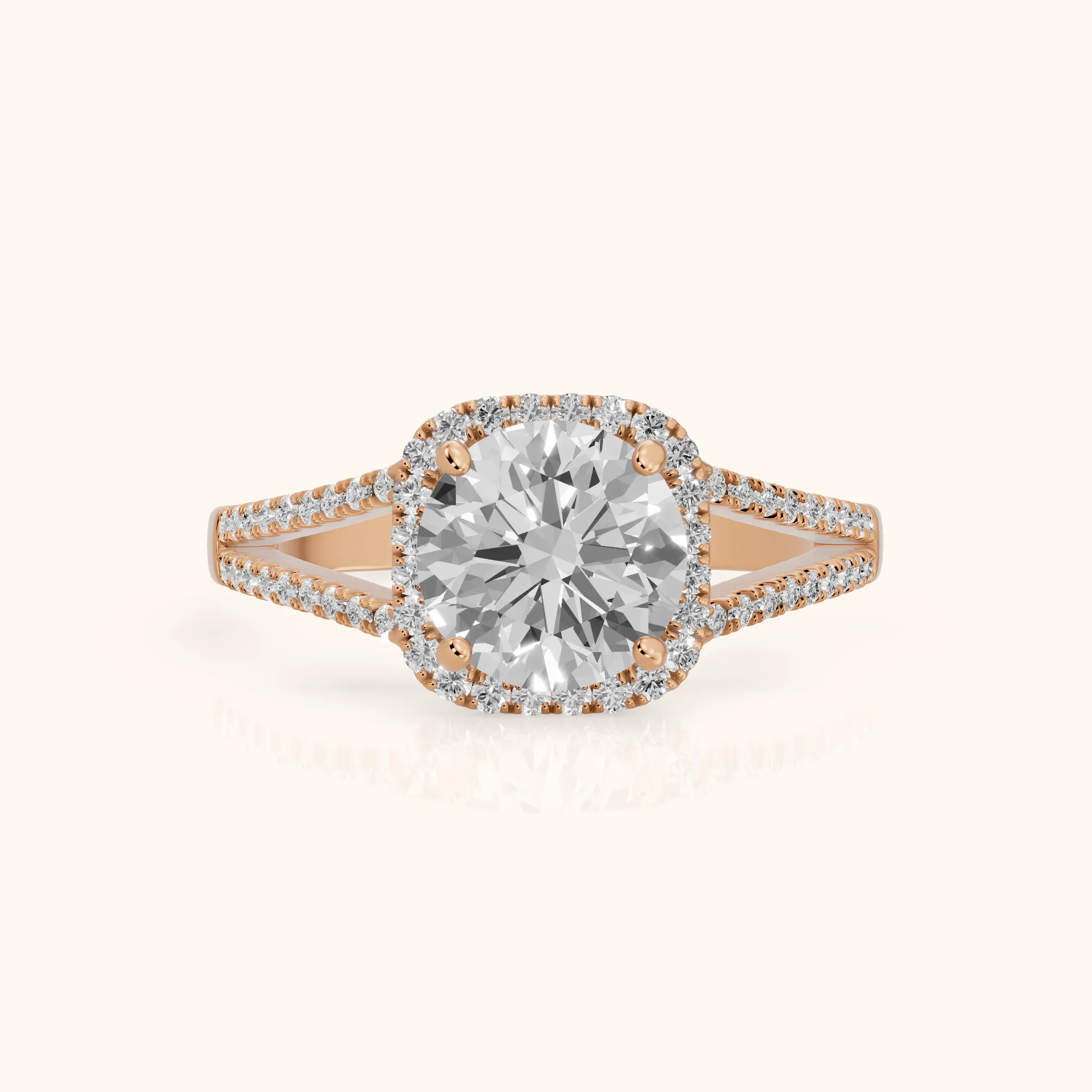 Nola Halo Split Shank Round Diamond Engagement Ring in Rose Gold — view 1