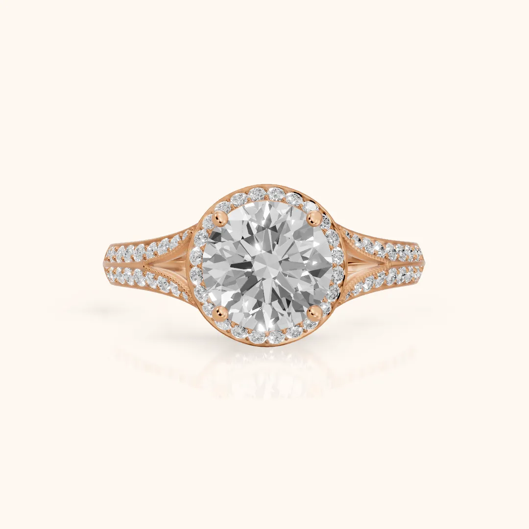Peggy Halo Split Shank Round Diamond Engagement Ring in Rose Gold — view 2