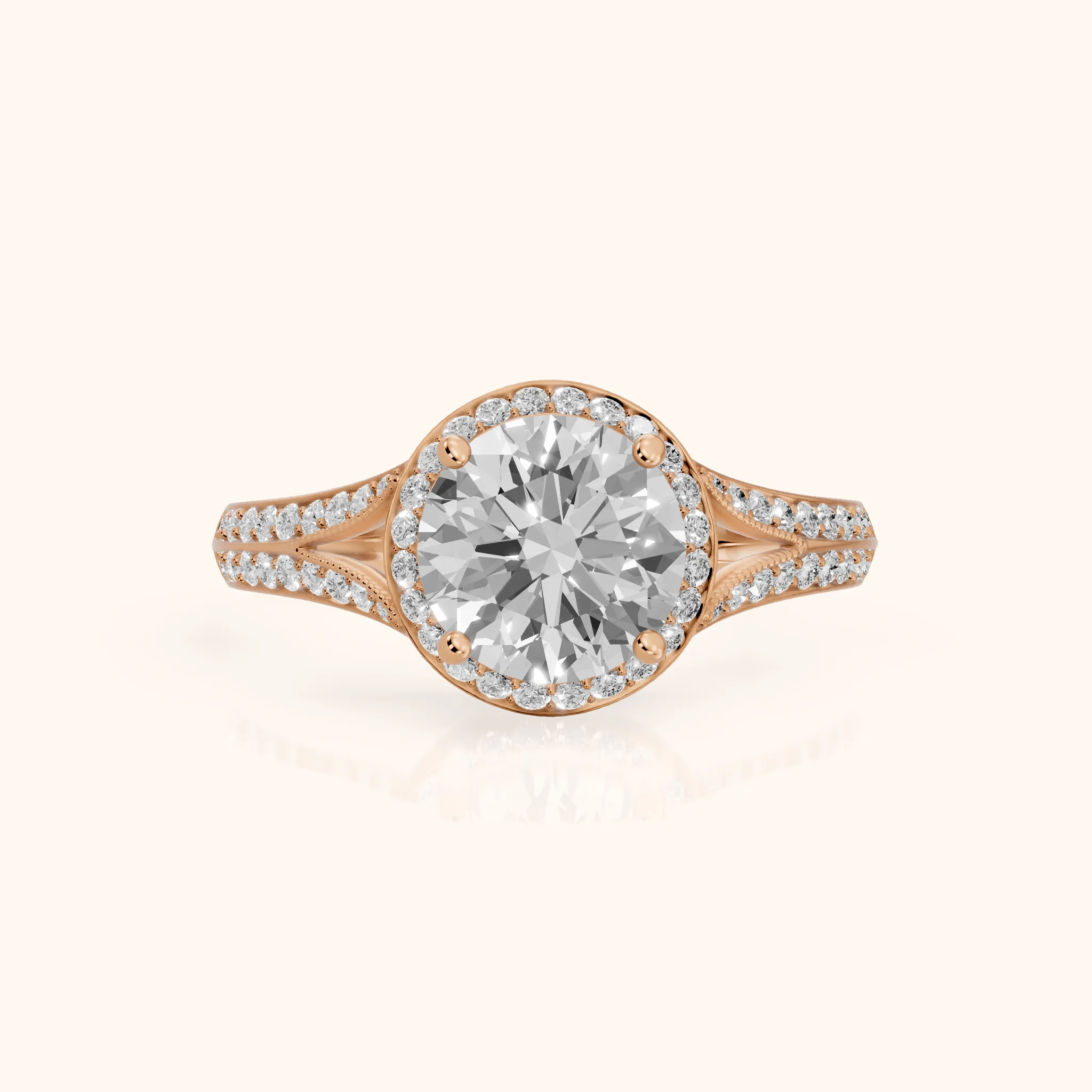 Peggy Halo Split Shank Round Diamond Engagement Ring in Rose Gold — view 1