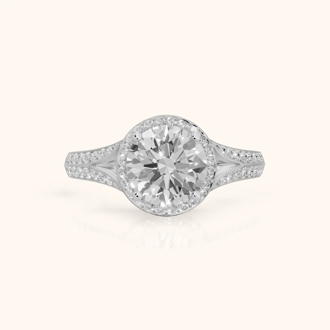 Peggy Halo Split Shank Round Diamond Engagement Ring in White Gold — view 2