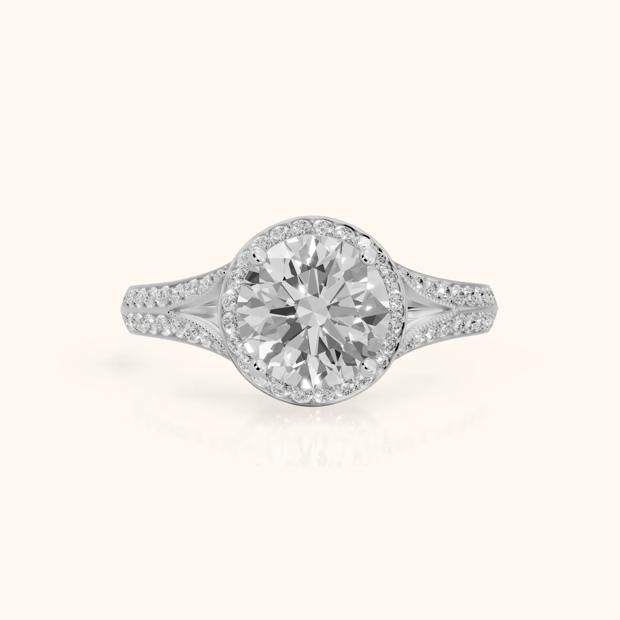 Peggy Halo Split Shank Round Diamond Engagement Ring in White Gold — view 1