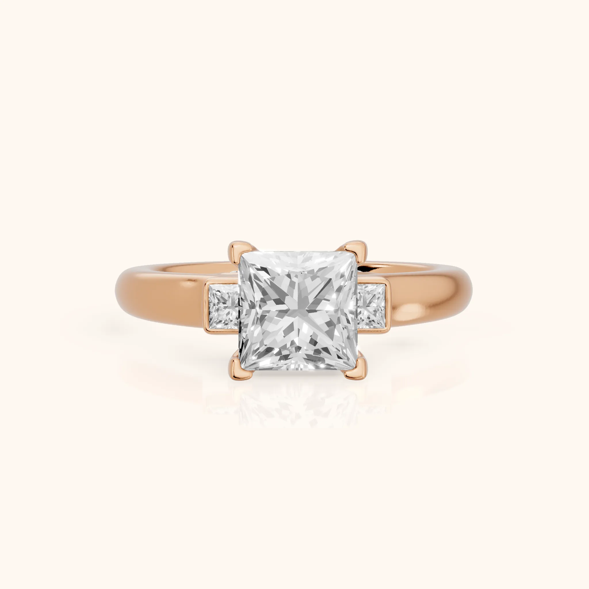 Penny Crossover Three-Stone Princess Diamond Engagement Ring in Rose Gold — view 1