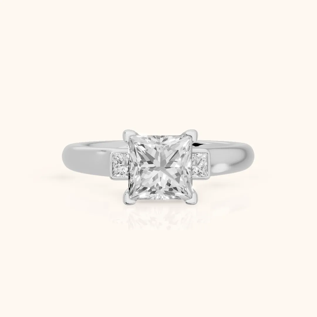 Penny Crossover Three-Stone Princess Diamond Engagement Ring in Platinum — view 2