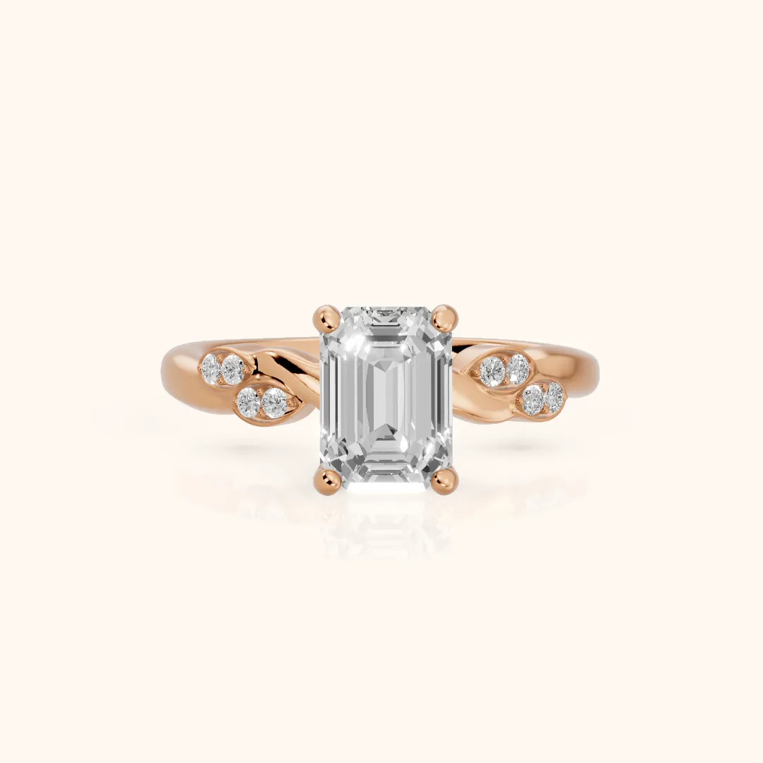 Robin Leaf Twist Emerald Diamond Engagement Ring in Rose Gold — view 2