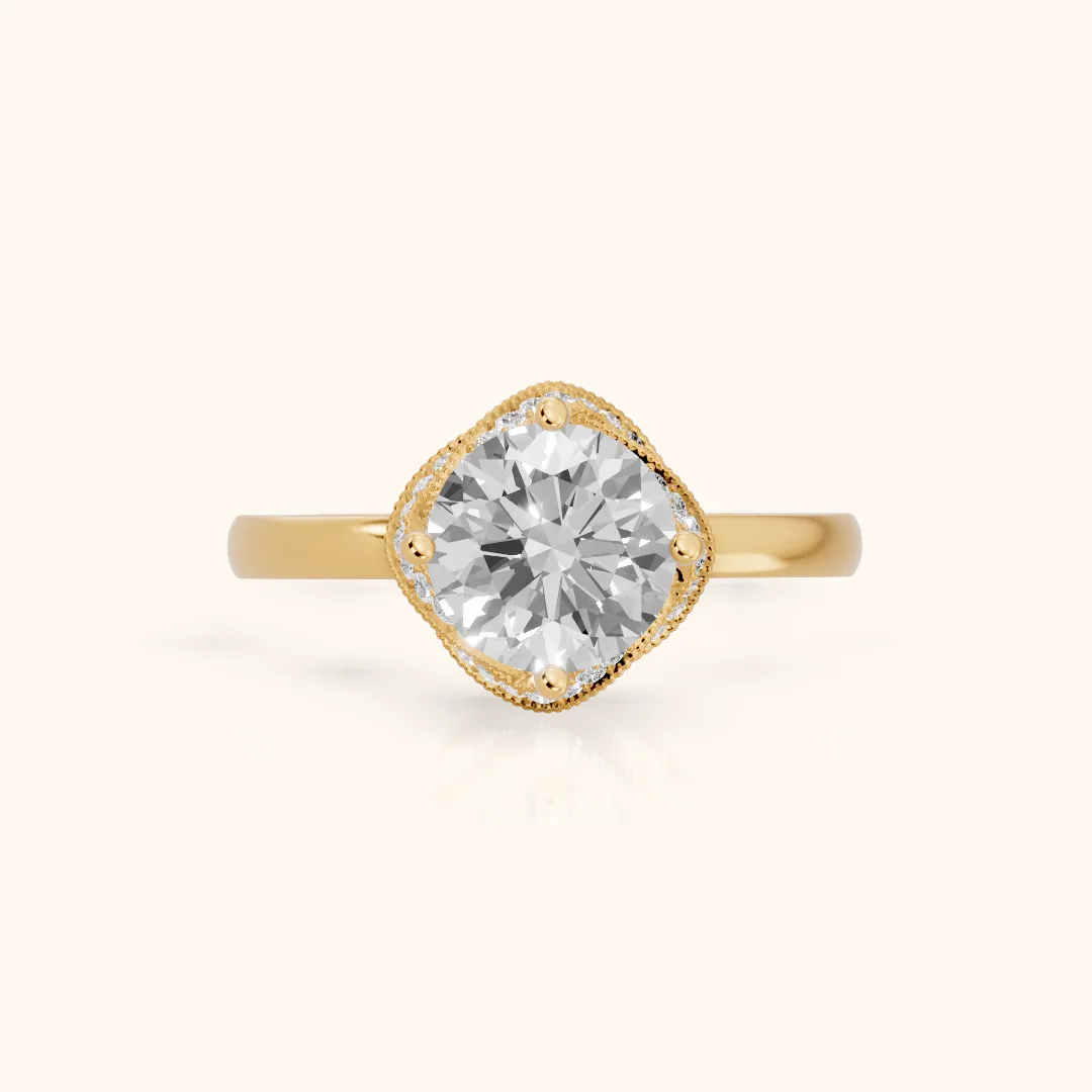 Sally Hidden Halo Milgrain Round Diamond Engagement Ring in Yellow Gold — view 2