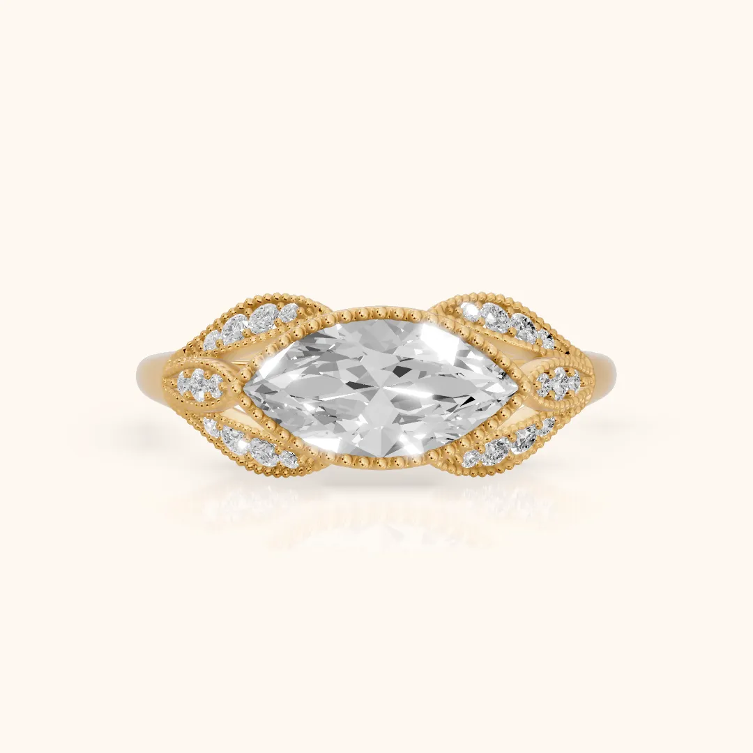 Sara East-West Vintage Marquise Diamond Engagement Ring in Yellow Gold — view 2