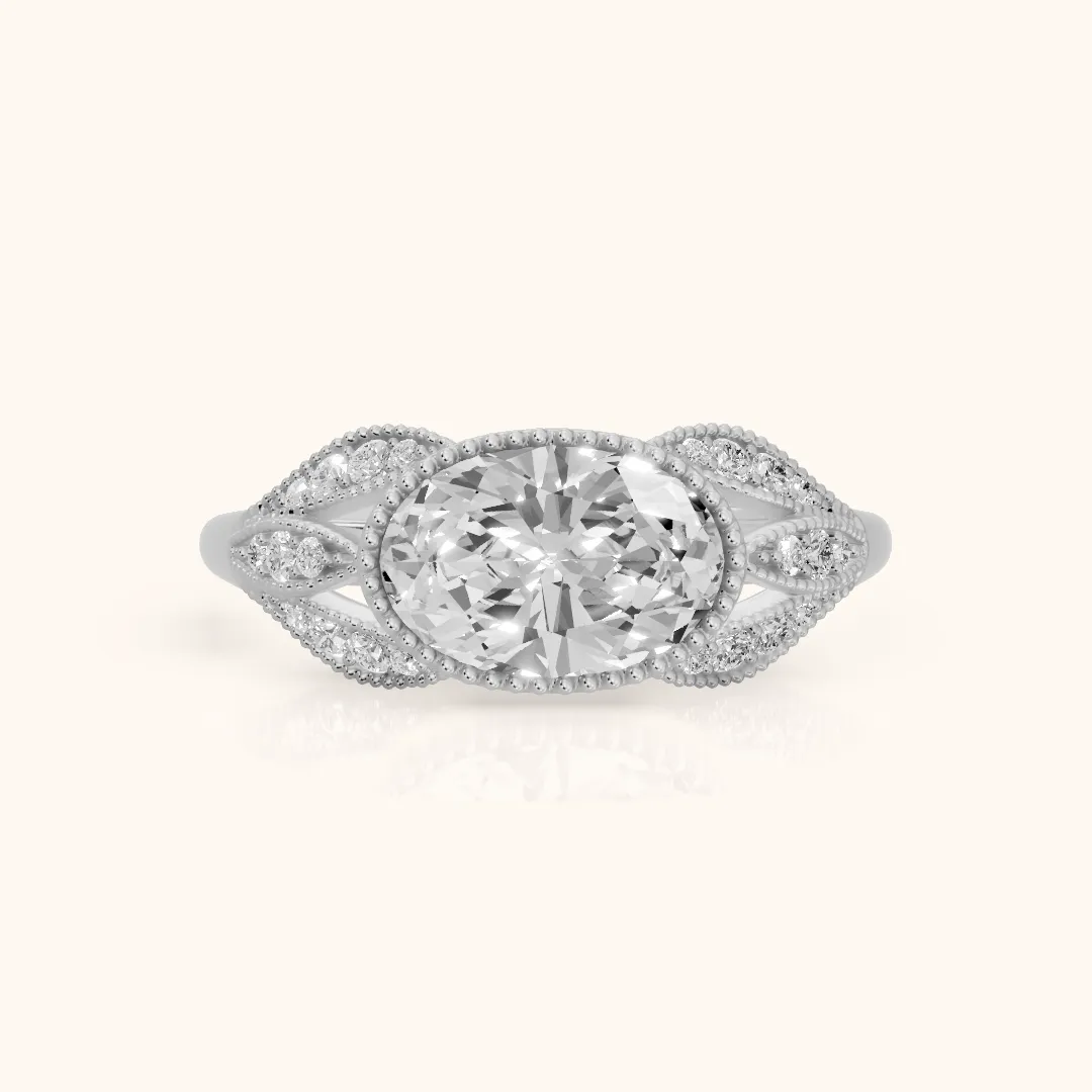 Sara East-West Vintage Oval Diamond Engagement Ring in White Gold — view 2