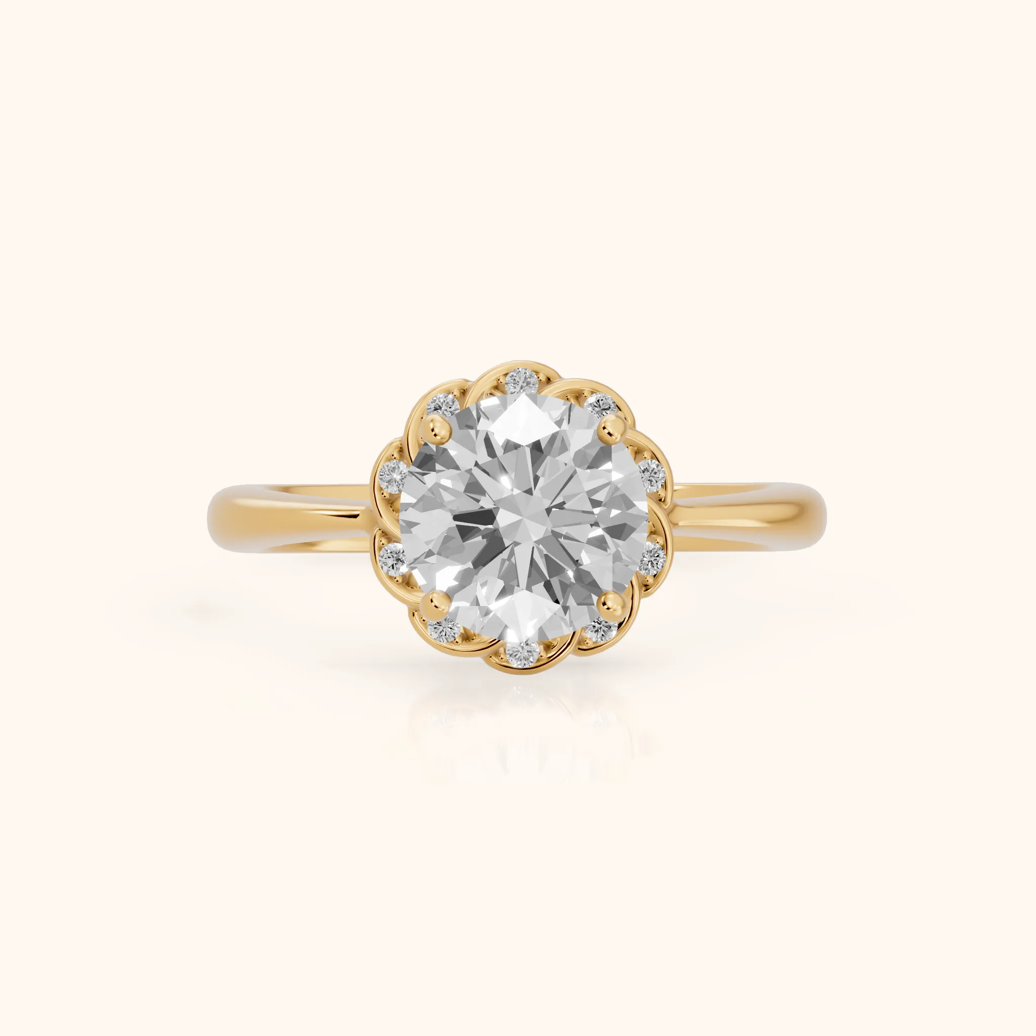 Trudy Floral Halo Round Diamond Engagement Ring in Yellow Gold — view 1