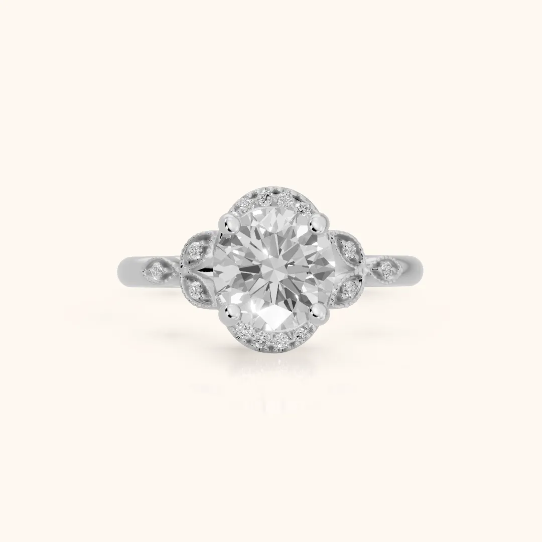 Vicky Leaf Halo Round Diamond Engagement Ring in Platinum — view 2