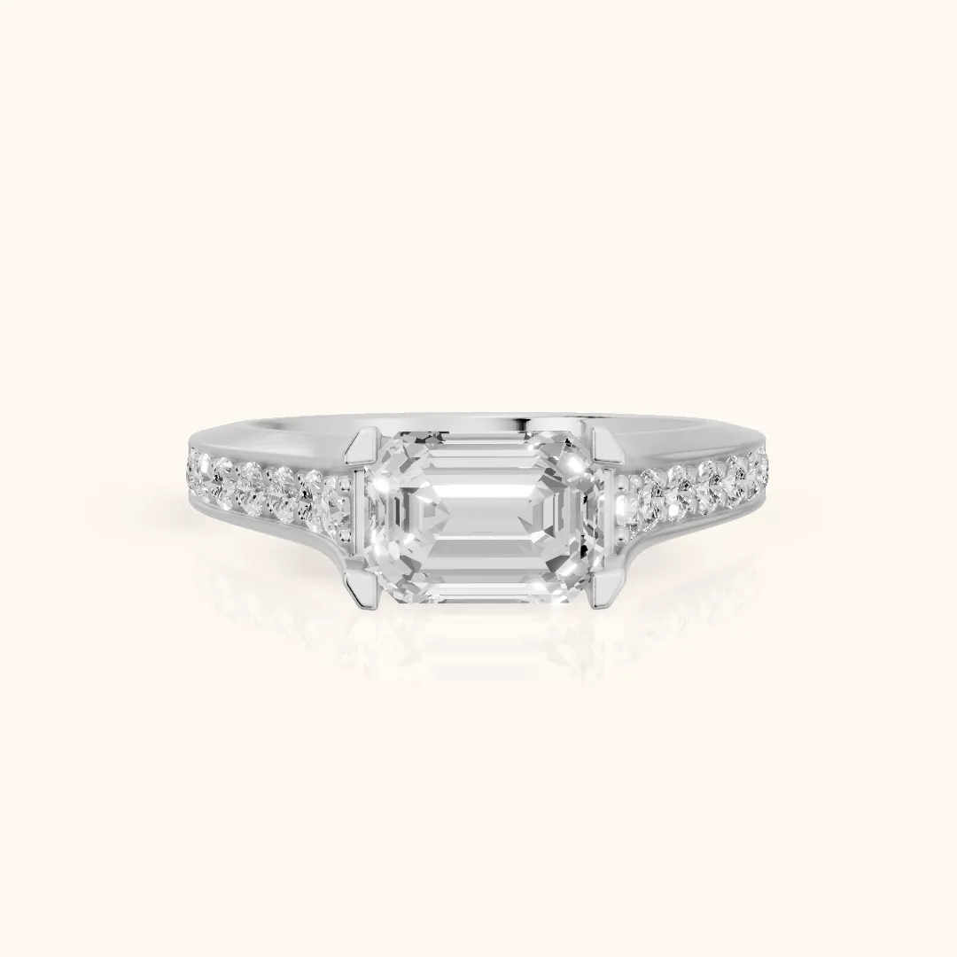 Alexa East-West Pavé Emerald Diamond Engagement Ring in Silver — view 2