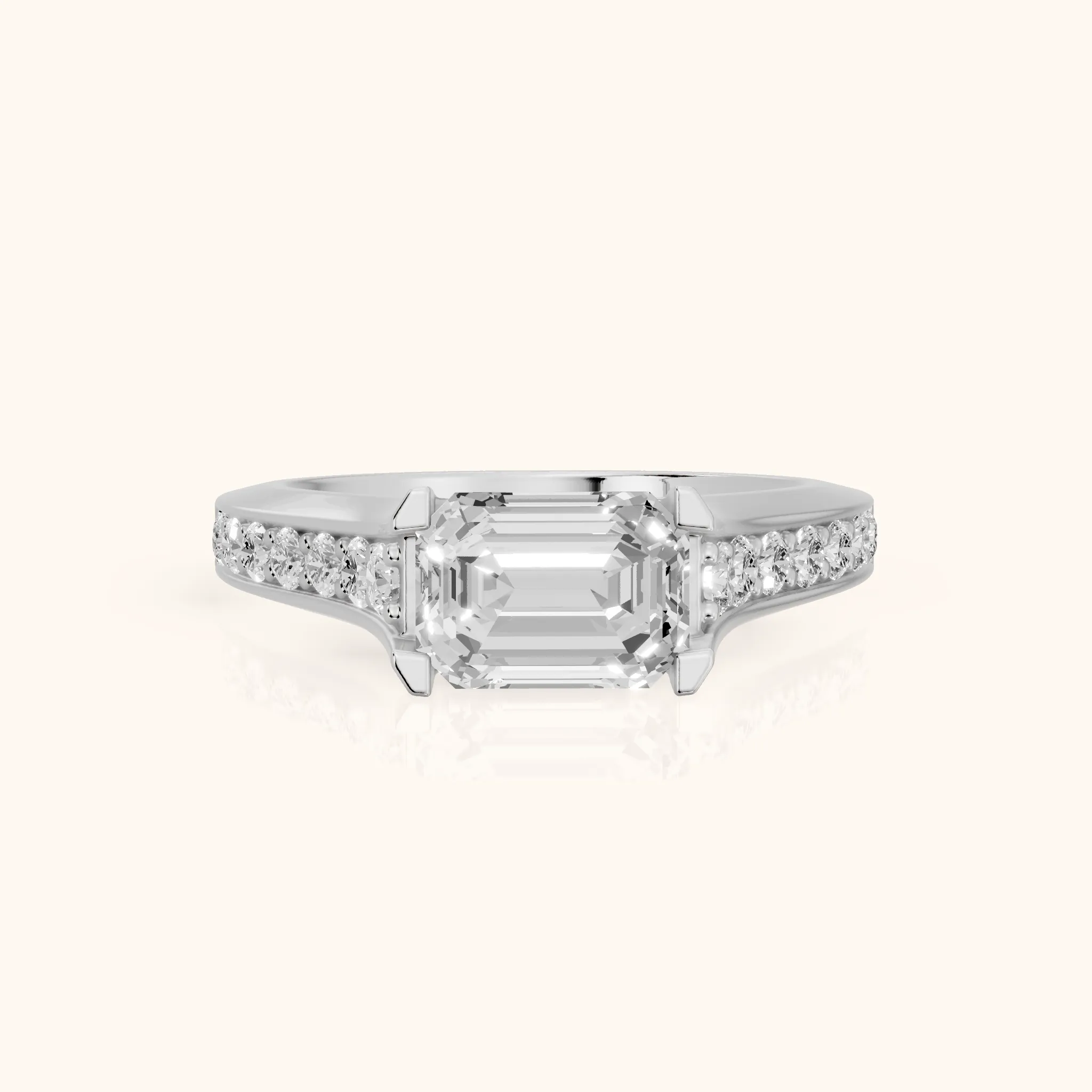 Alexa East-West Pavé Emerald Diamond Engagement Ring in Silver — view 1