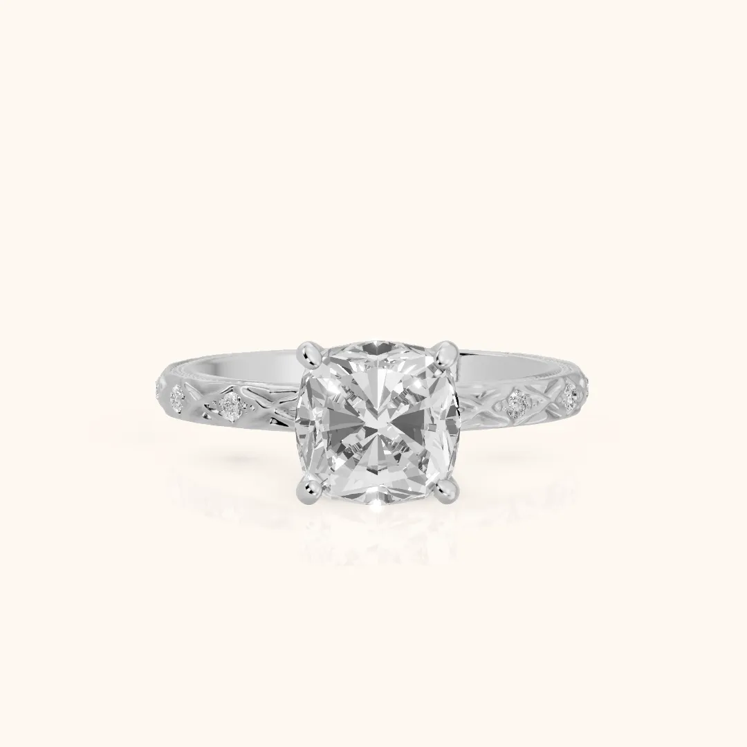 Bethany Engraved Milgrain Cushion Diamond Engagement Ring in White Gold — view 2
