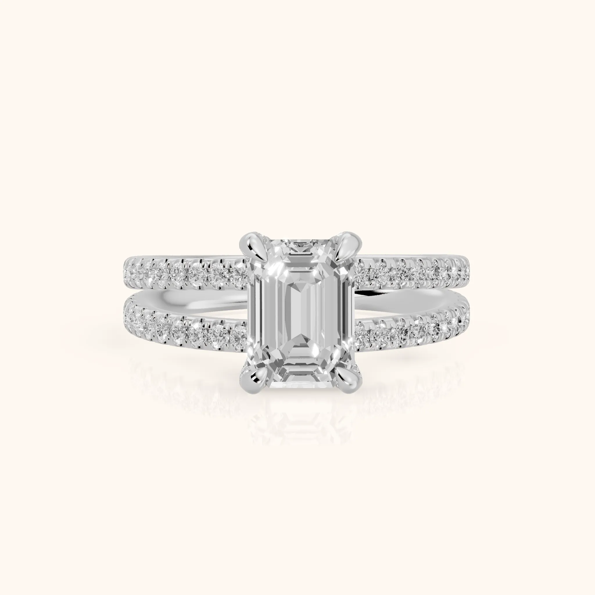 Briony Hidden Halo Split Shank Emerald Diamond Engagement Ring in White Gold — view 1