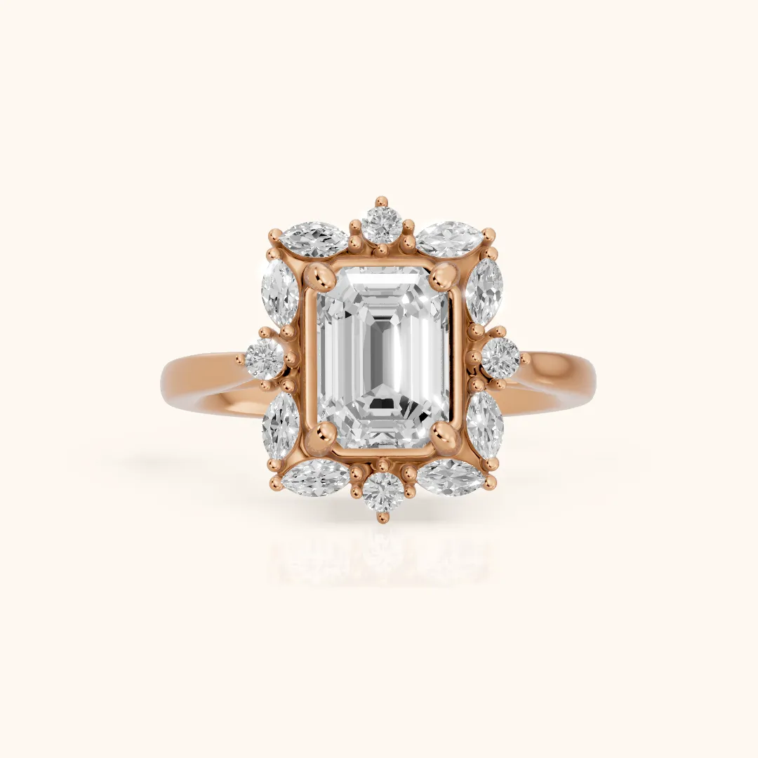 Brynn Starburst Cluster Emerald Diamond Engagement Ring in Rose Gold — view 2