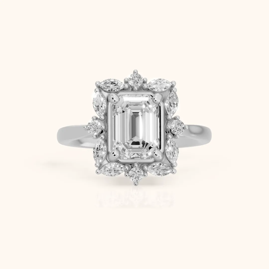 Brynn Starburst Cluster Emerald Diamond Engagement Ring in White Gold — view 2