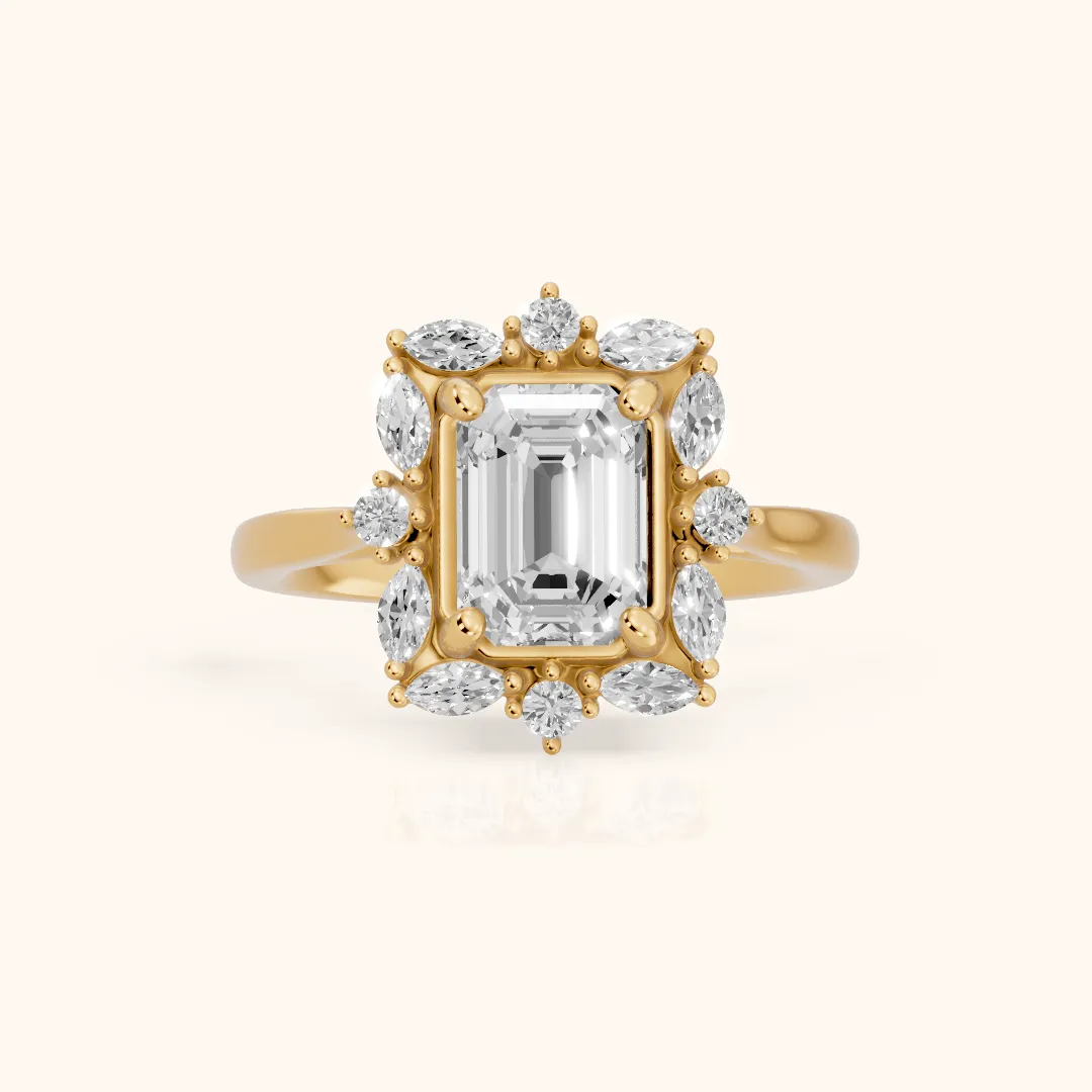 Brynn Starburst Cluster Emerald Diamond Engagement Ring in Yellow Gold — view 2