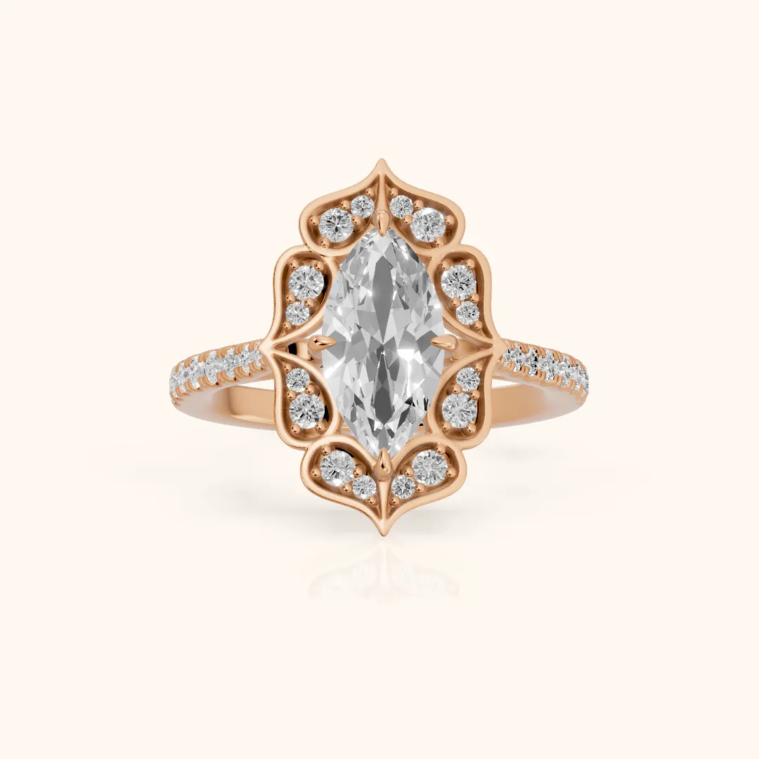 Caitlin Floral Halo Marquise Diamond Engagement Ring in Rose Gold — view 2