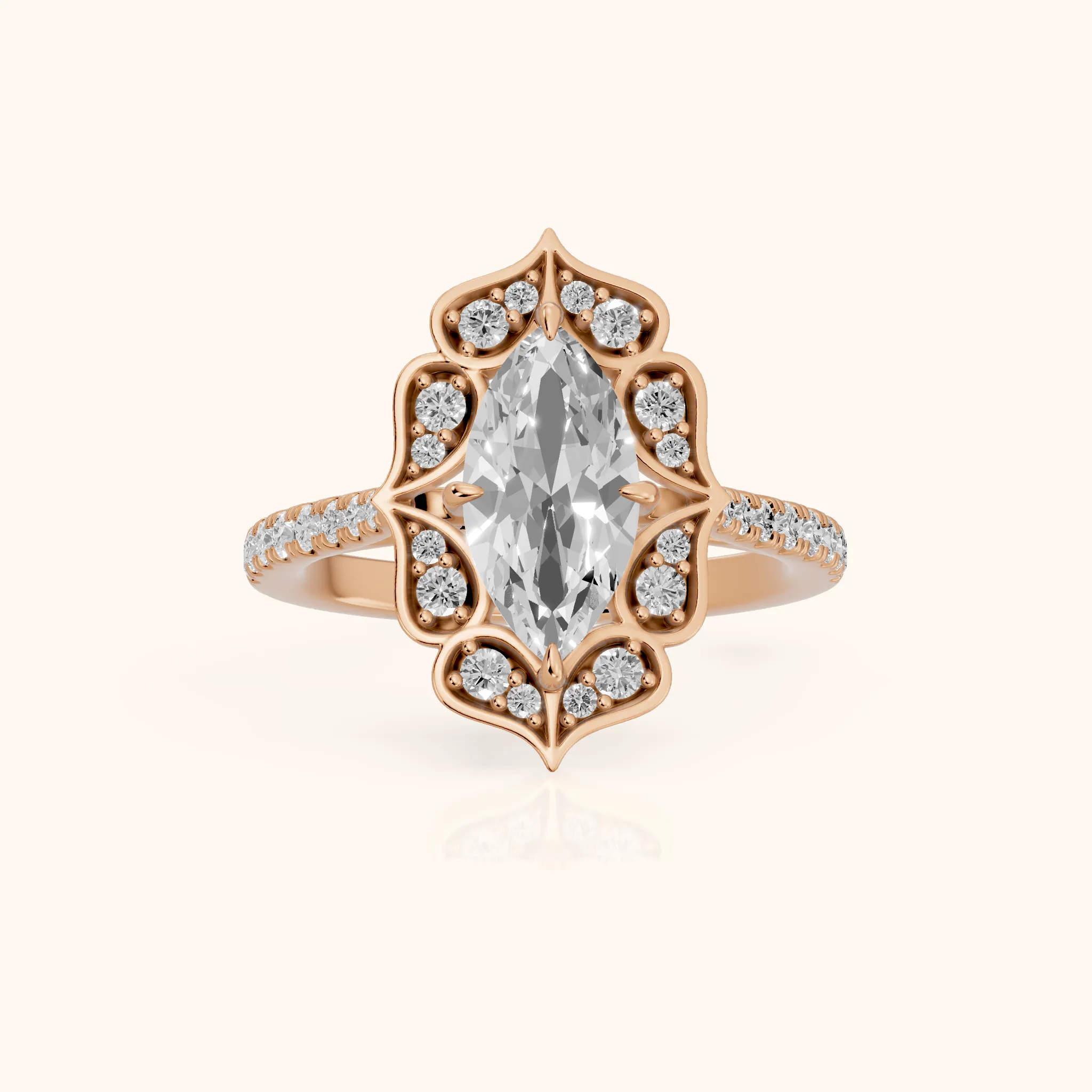 Caitlin Floral Halo Marquise Diamond Engagement Ring in Rose Gold — view 1