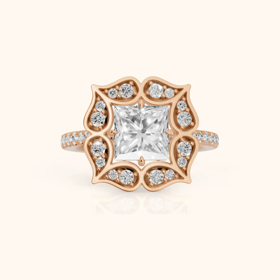 Caitlin Floral Halo Princess Diamond Engagement Ring in Rose Gold — view 2