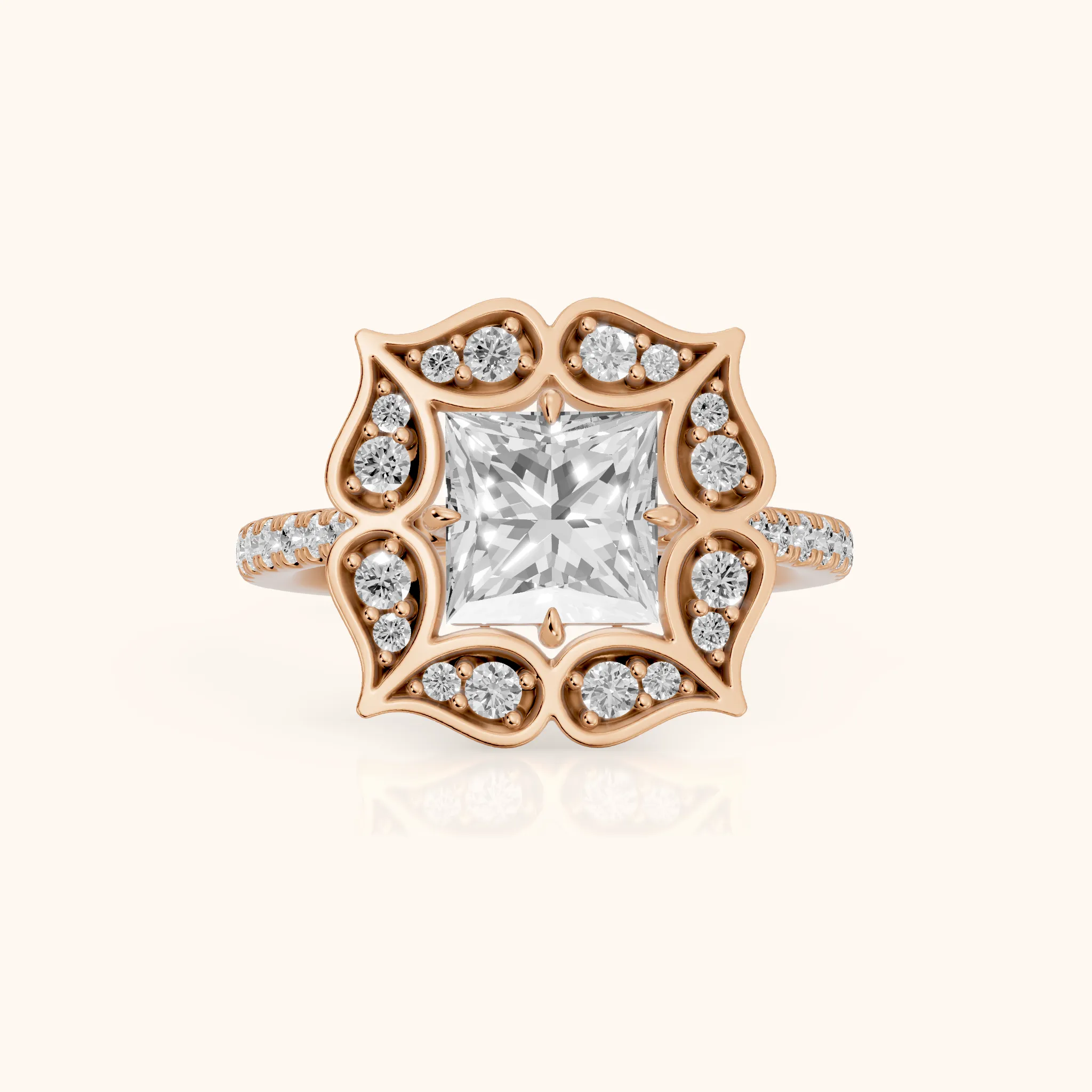 Caitlin Floral Halo Princess Diamond Engagement Ring in Rose Gold — view 1