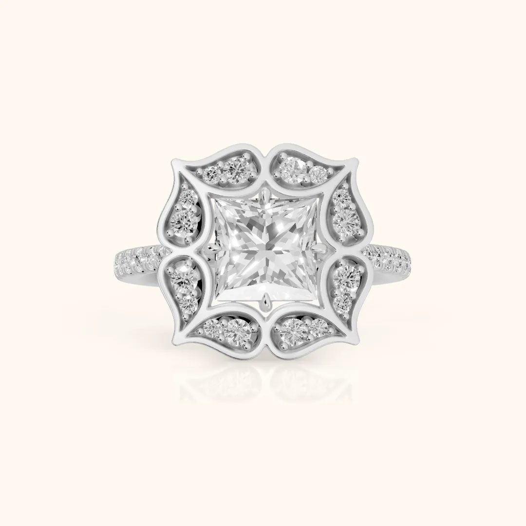 Caitlin Floral Halo Princess Diamond Engagement Ring in White Gold — view 2