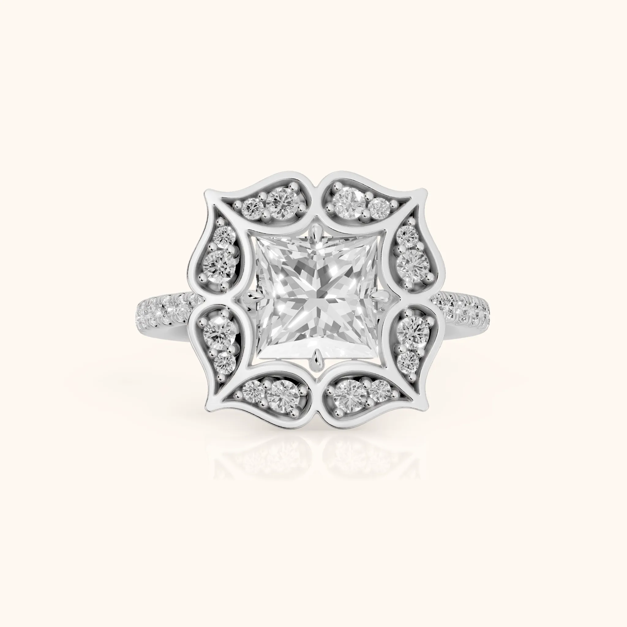 Caitlin Floral Halo Princess Diamond Engagement Ring in White Gold — view 1