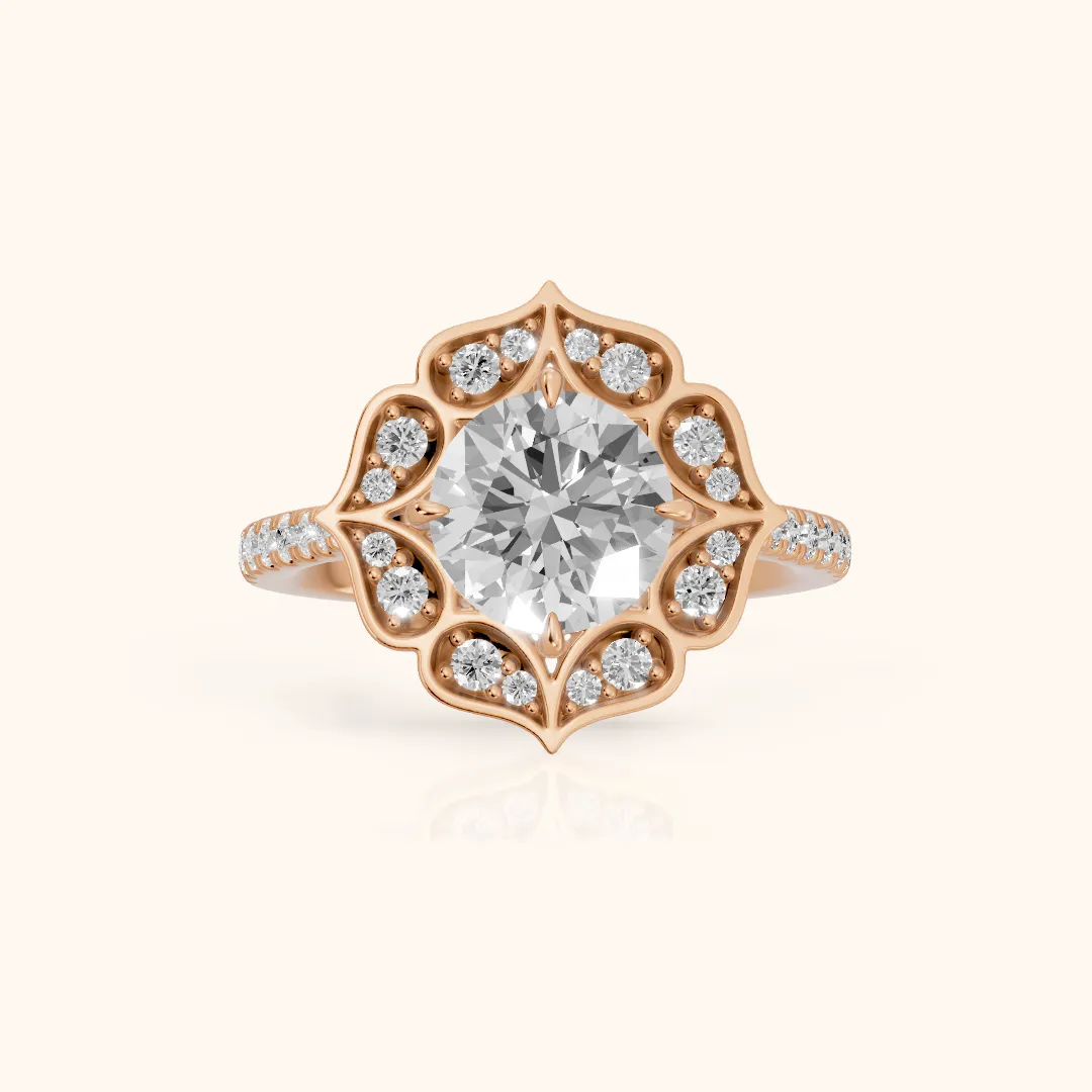 Caitlin Floral Halo Round Diamond Engagement Ring in Rose Gold — view 2