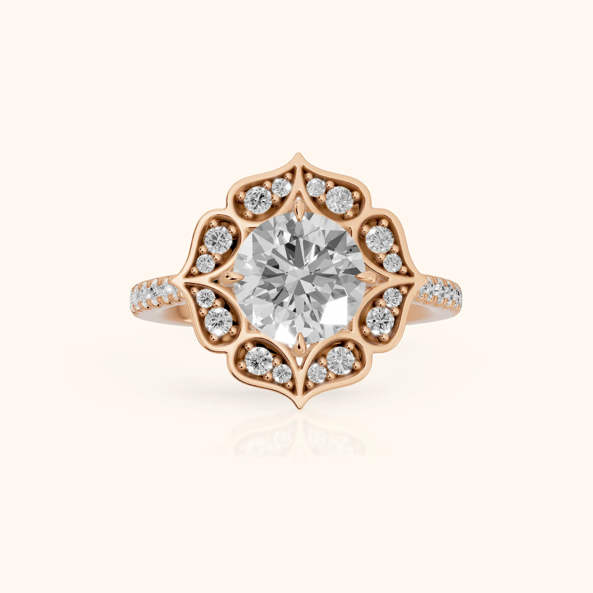 Caitlin Floral Halo Round Diamond Engagement Ring in Rose Gold — view 1