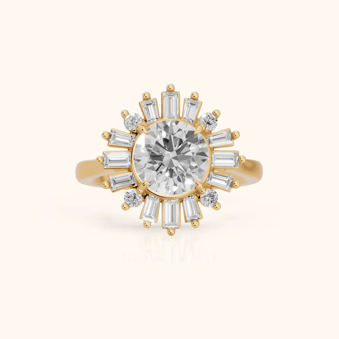 Chelsea Sunburst Halo Round Diamond Engagement Ring in Yellow Gold — view 2