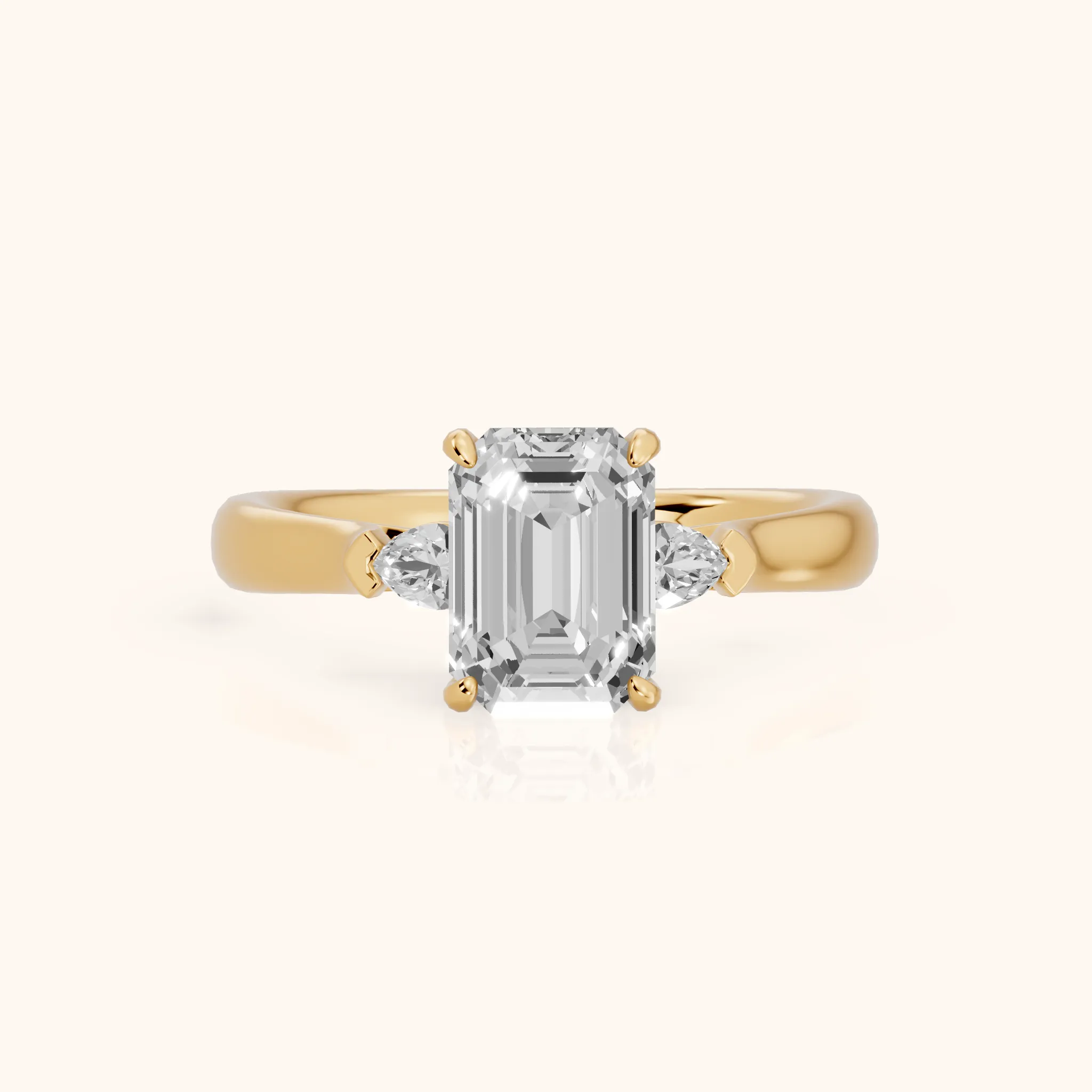 Dahlia Three-Stone Cathedral Emerald Diamond Engagement Ring in Yellow Gold — view 1