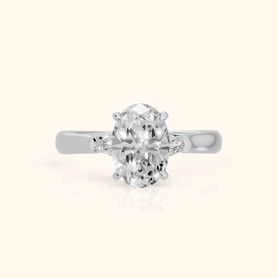 Dahlia Three-Stone Cathedral Oval Diamond Engagement Ring in Platinum — view 2