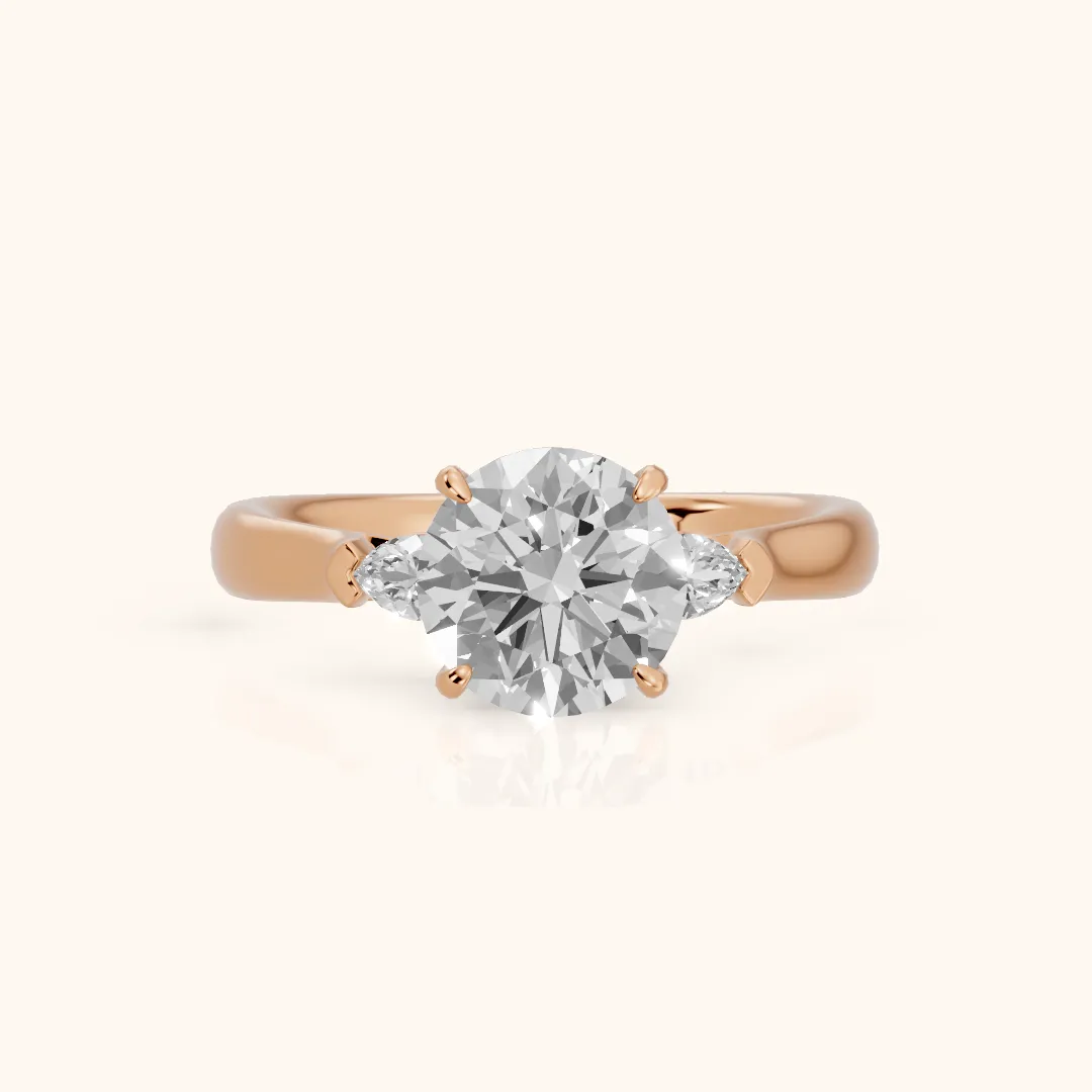 Dahlia Three-Stone Cathedral Round Diamond Engagement Ring in Rose Gold — view 2